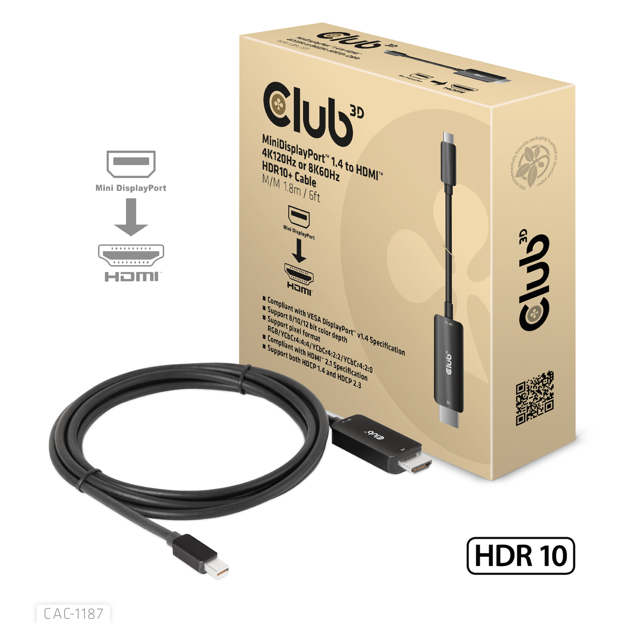 CLUB3D CAC-1187 videokabel adapter 1,8 m Mini DisplayPort HDMI Sort