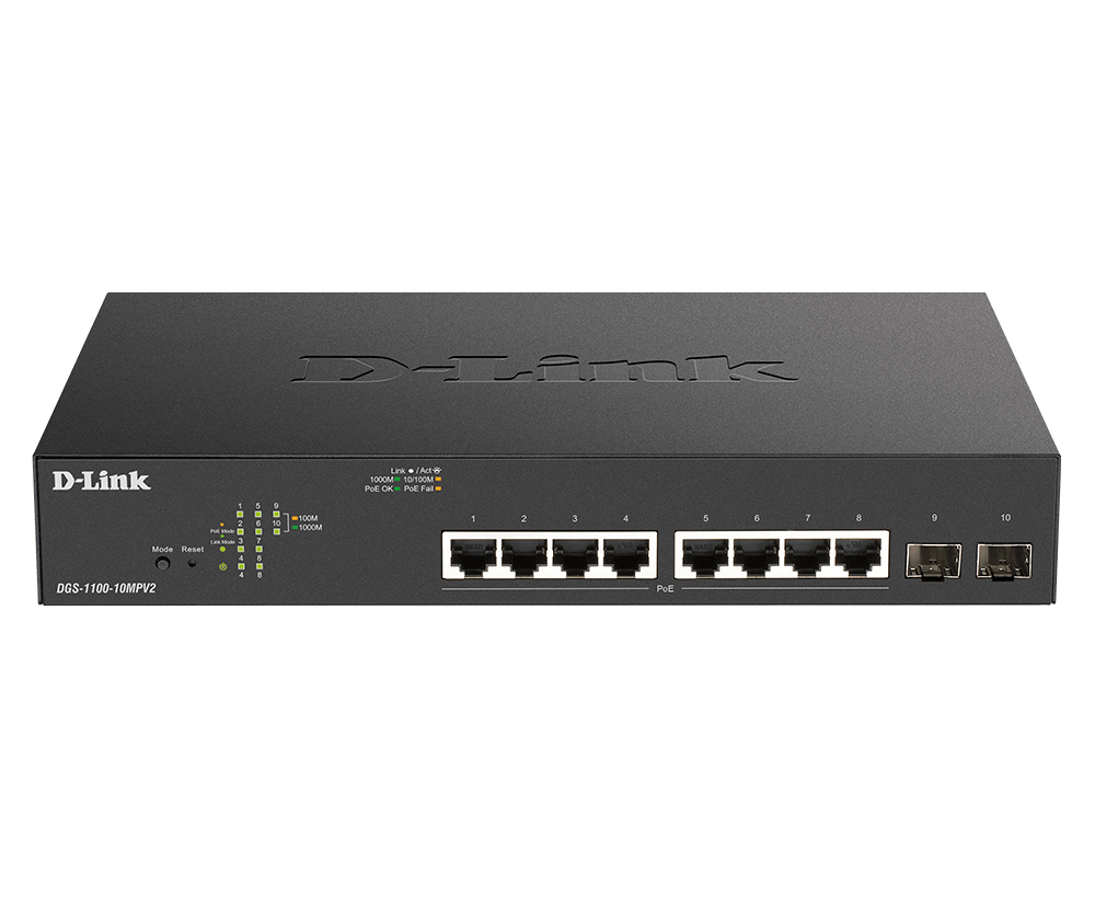 D-Link DGS-1100-10MPV2 Administreret L2 Gigabit Ethernet (10/100/1000) Strøm over Ethernet (PoE) 1U Sort