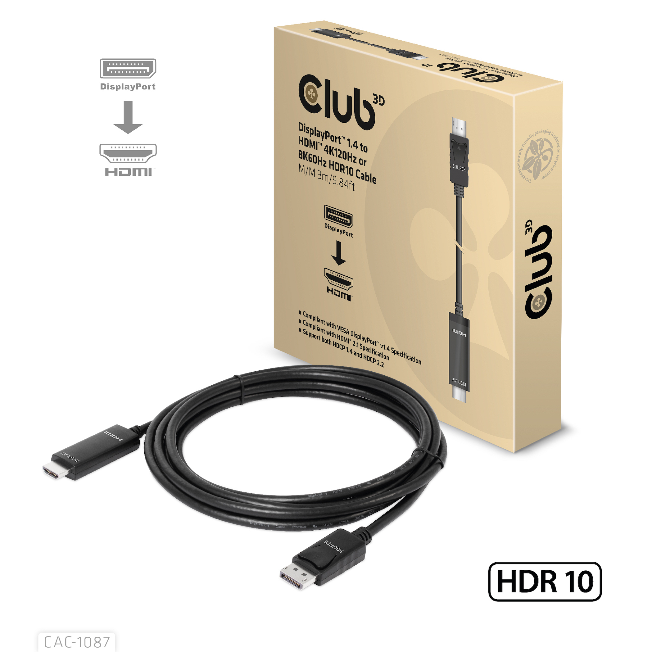 CLUB3D CAC-1087 videokabel adapter 3 m DisplayPort HDMI Sort