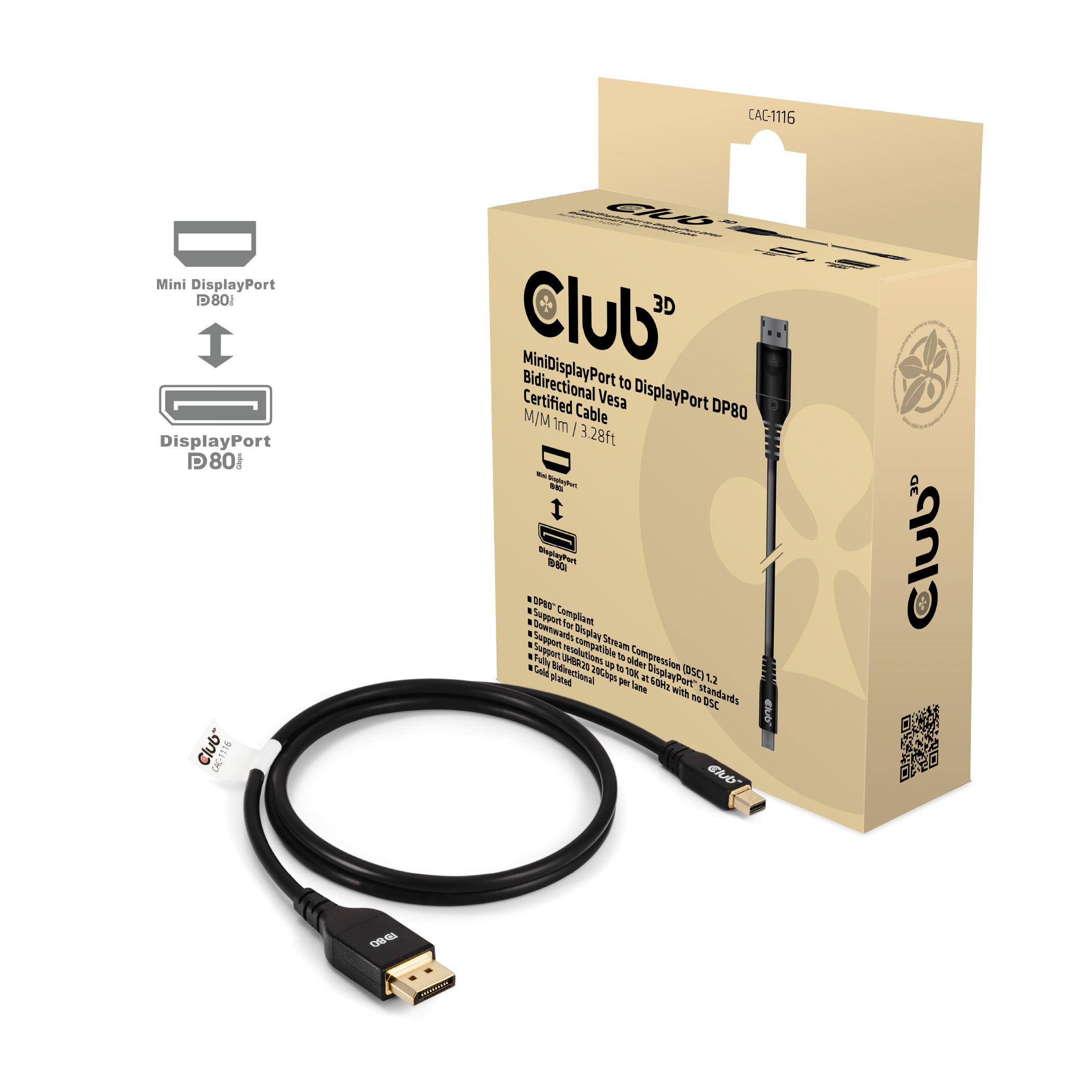 CLUB3D MINIDISPLAYPORT TO DISPLAYPORT DP80 BIDIRECTIONAL VESA CERTIFIED CABLE 1M/3.28FT - Kabel - Digital/Display/Video