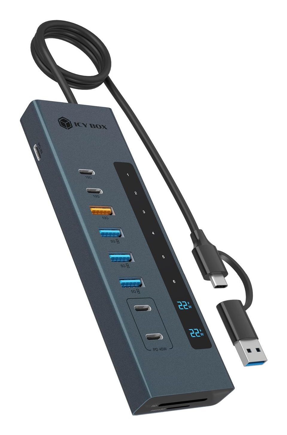 ICY BOX IB-HUB1742CR-C2PD USB 3.2 Gen 2 (3.1 Gen 2) Type-A + Type-C 10000 Mbit/s Sort