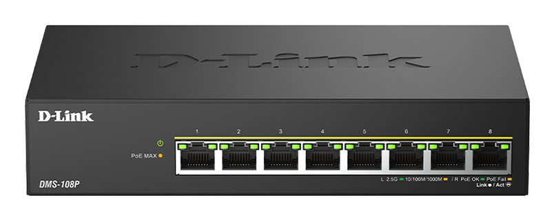 D-Link DMS-108P/E netværksswitch Ikke administreret 2.5G Ethernet (100/1000/2500) Strøm over Ethernet (PoE) Sort