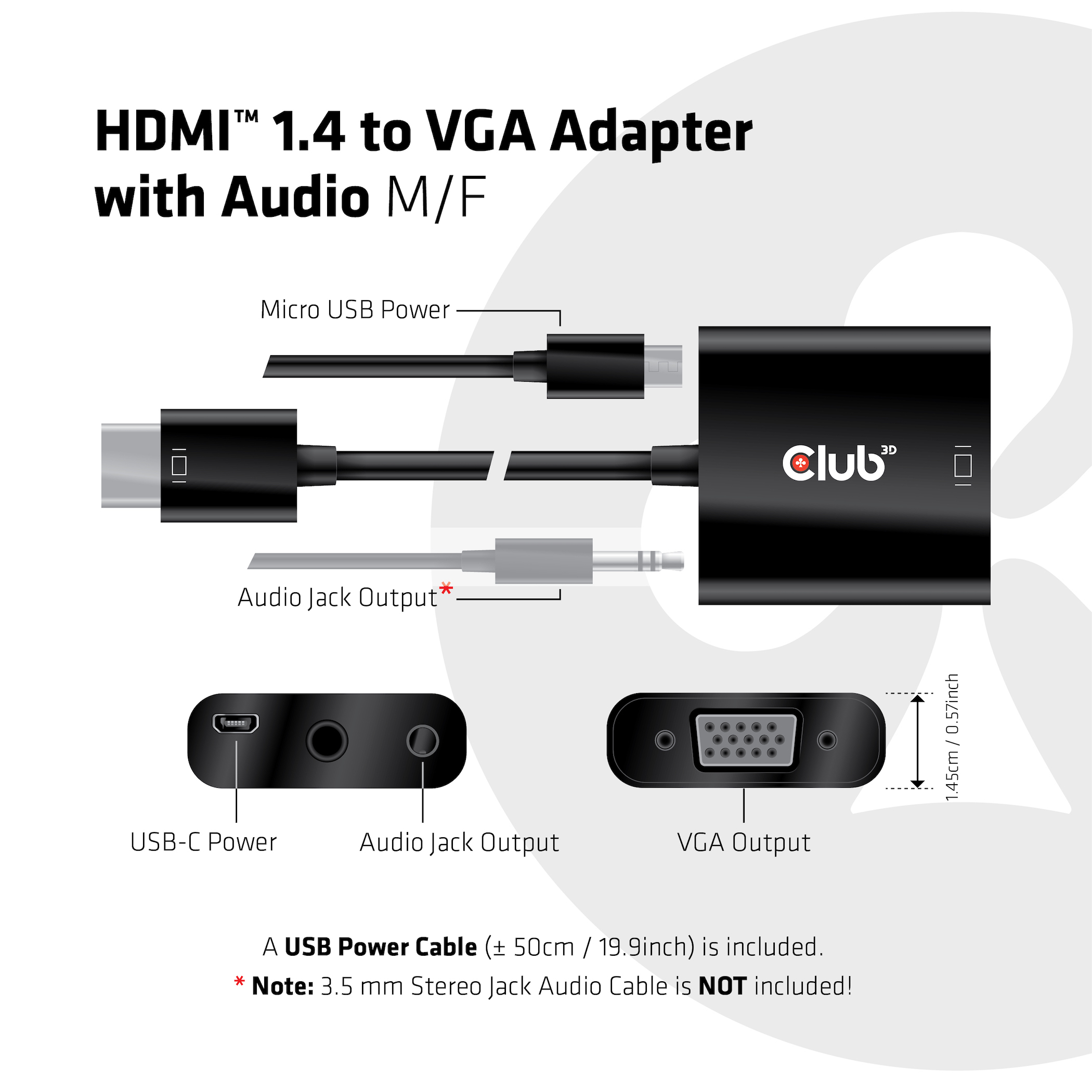CLUB3D CAC-1302 videokabel adapter 0,5 m HDMI Type A (Standard) VGA (D-Sub) Sort