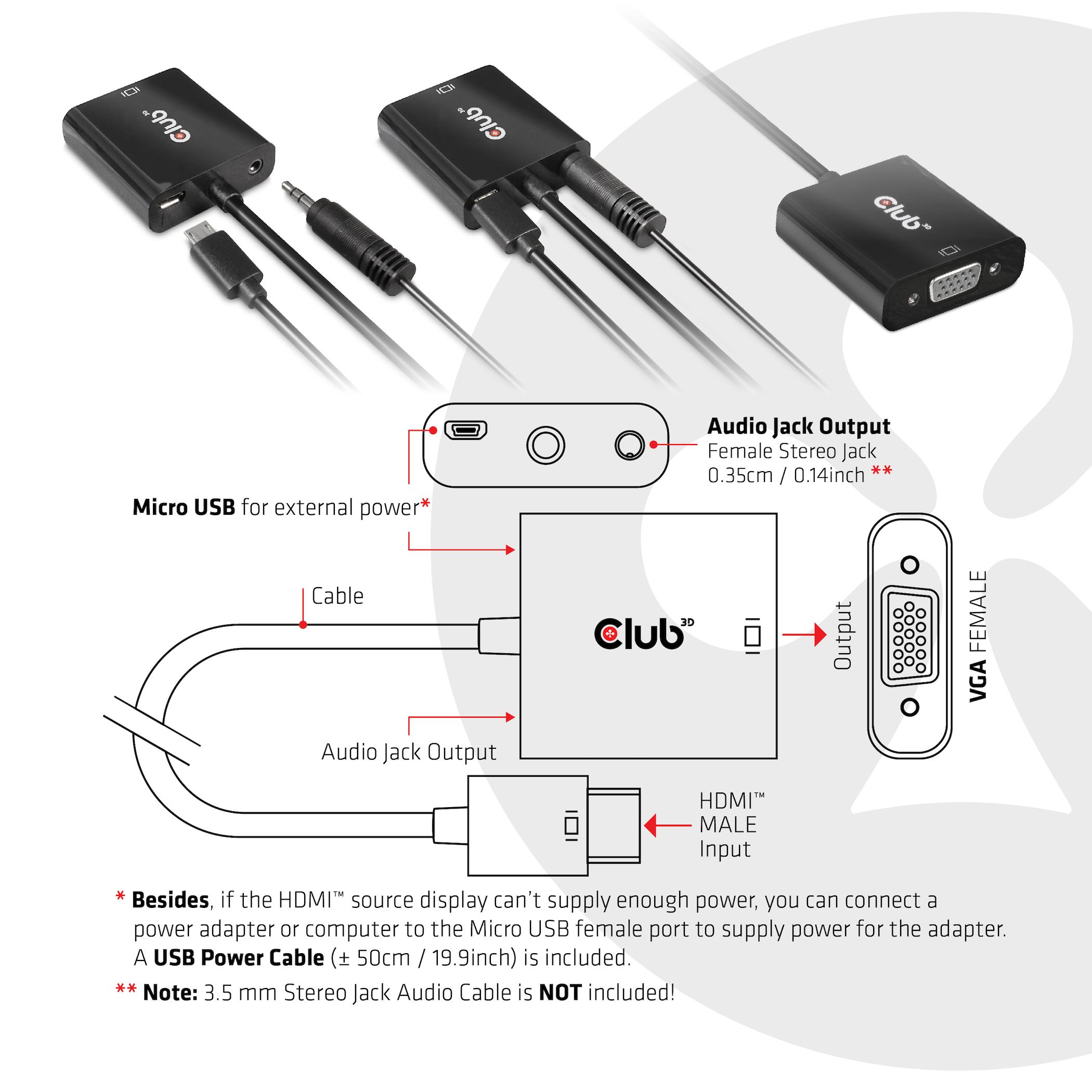 CLUB3D CAC-1302 videokabel adapter 0,5 m HDMI Type A (Standard) VGA (D-Sub) Sort