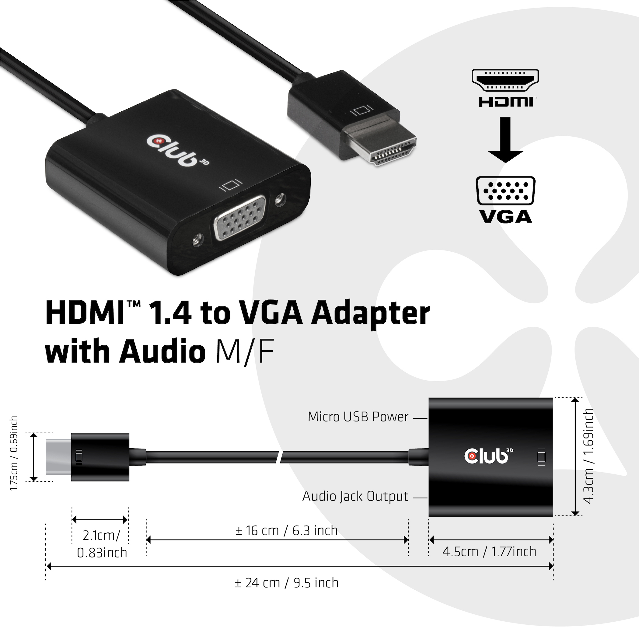 CLUB3D CAC-1302 videokabel adapter 0,5 m HDMI Type A (Standard) VGA (D-Sub) Sort