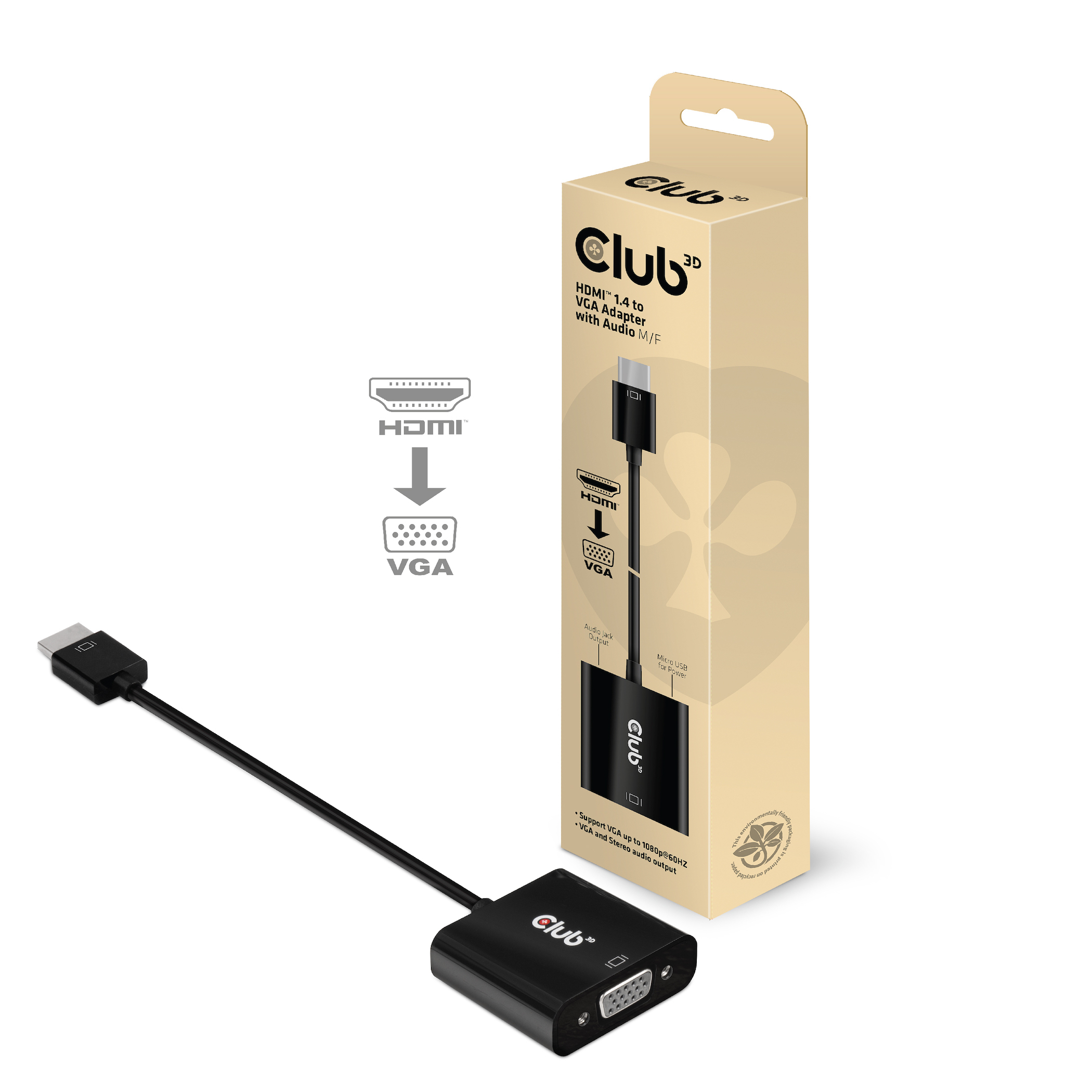 CLUB3D CAC-1302 videokabel adapter 0,5 m HDMI Type A (Standard) VGA (D-Sub) Sort