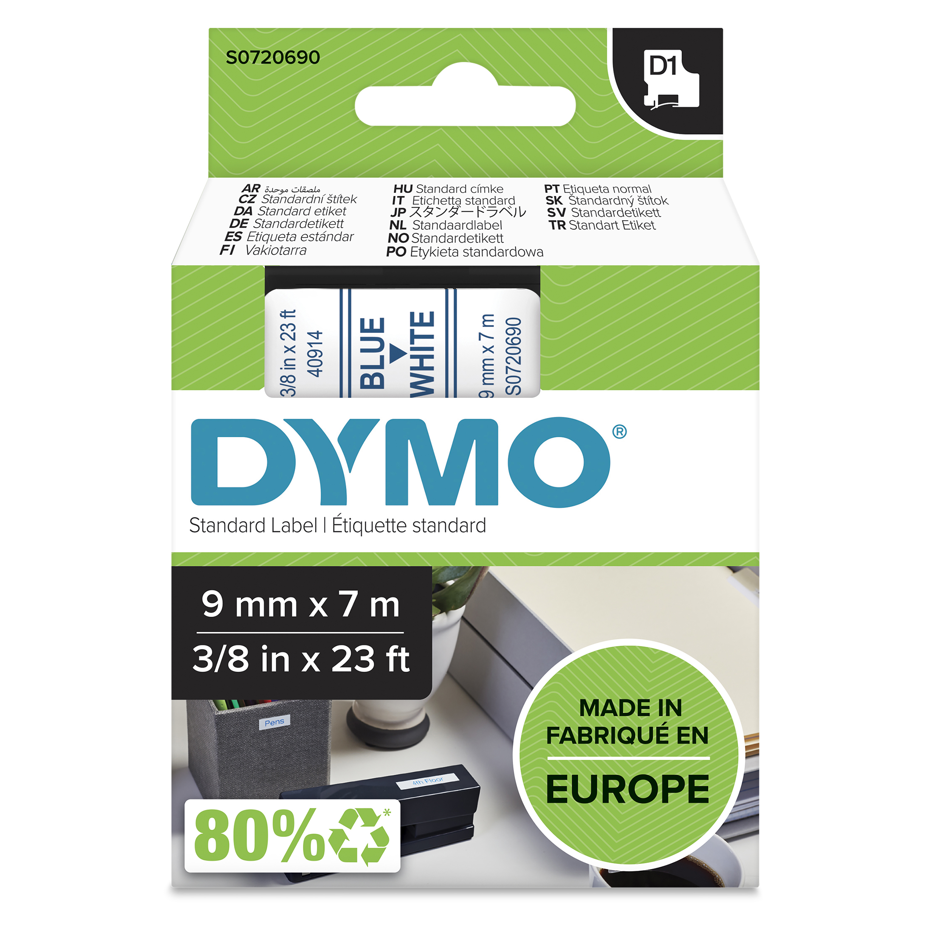 DYMO Ægte D1-etiketter | Blå skrift på hvid tape | 9 mm x 7 m | Selvklæbende etiketter til LabelManager-mærkningsmaskiner | Fremstillet i Europa