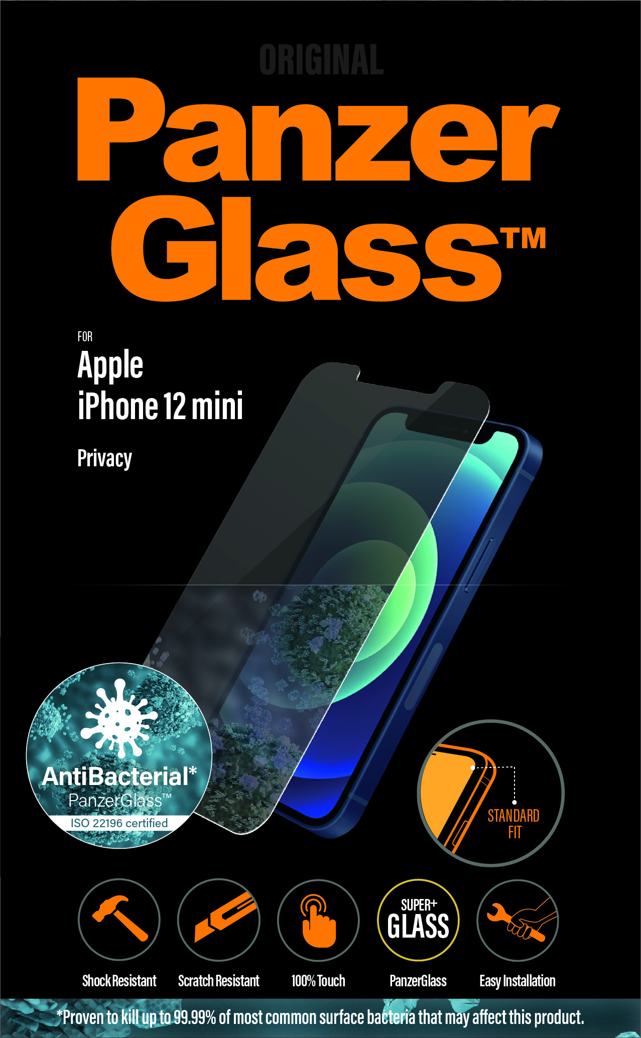 PanzerGlass ® Privacy Skærmbeskyttelse iPhone 12 Mini | Standard Fit