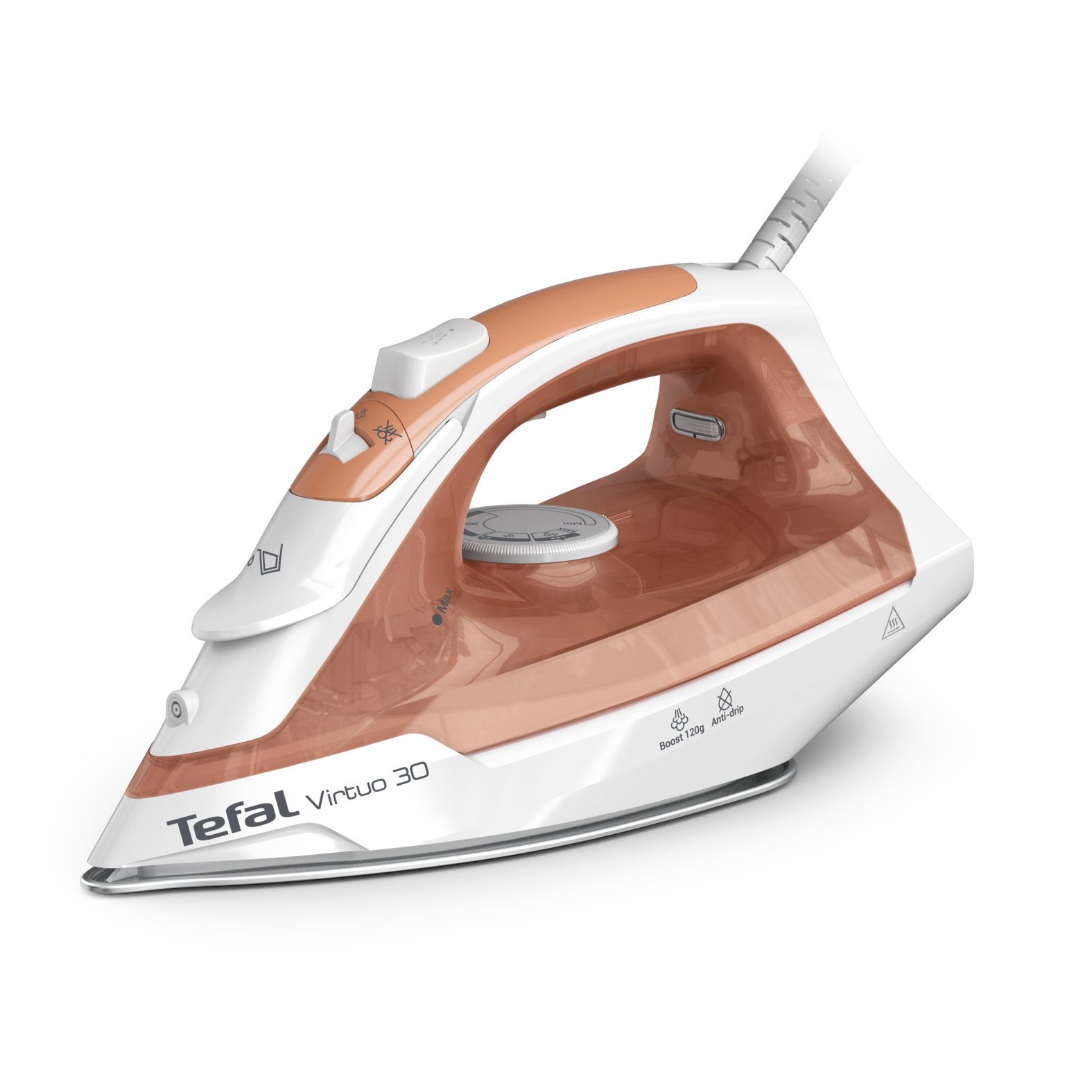 Tefal Virtuo 30 FV2C40E0 strygejern Tør & dampstrygejern Keramisk strygesål 2000 W Fersken, Hvid