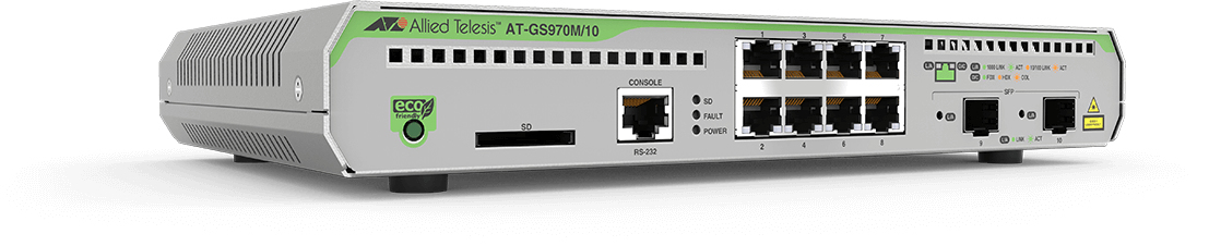 Allied Telesis AT-GS970M/10PS-50 Administreret L3 Gigabit Ethernet (10/100/1000) Strøm over Ethernet (PoE) 1U Sort, Grå