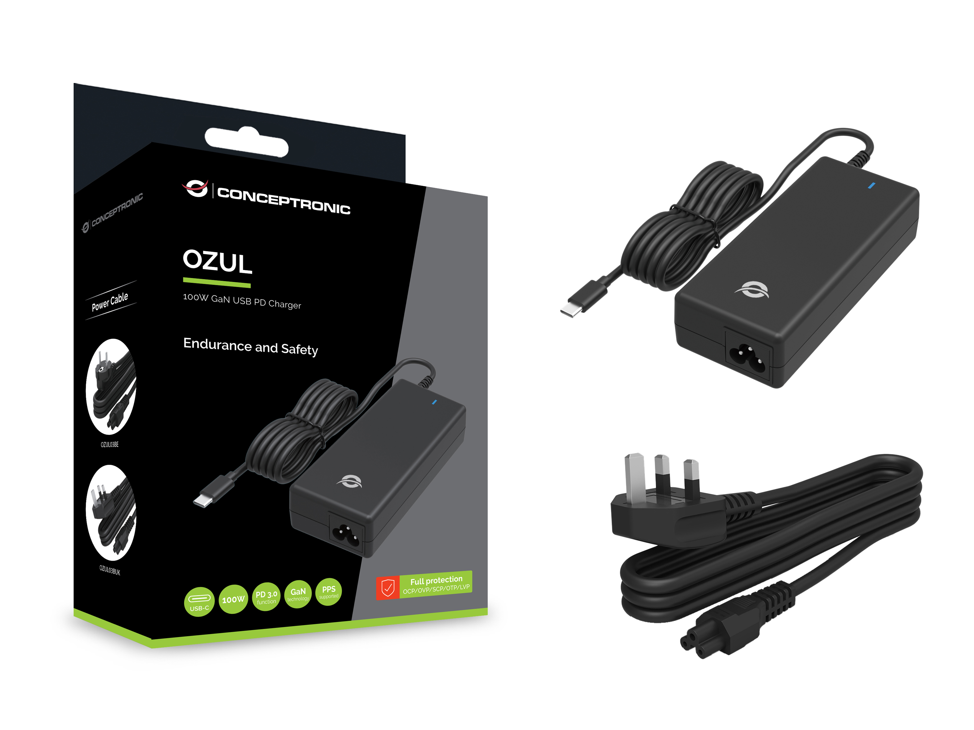 Conceptronic OZUL03BUK strømadapter og vekselret Indendørs 100 W Sort
