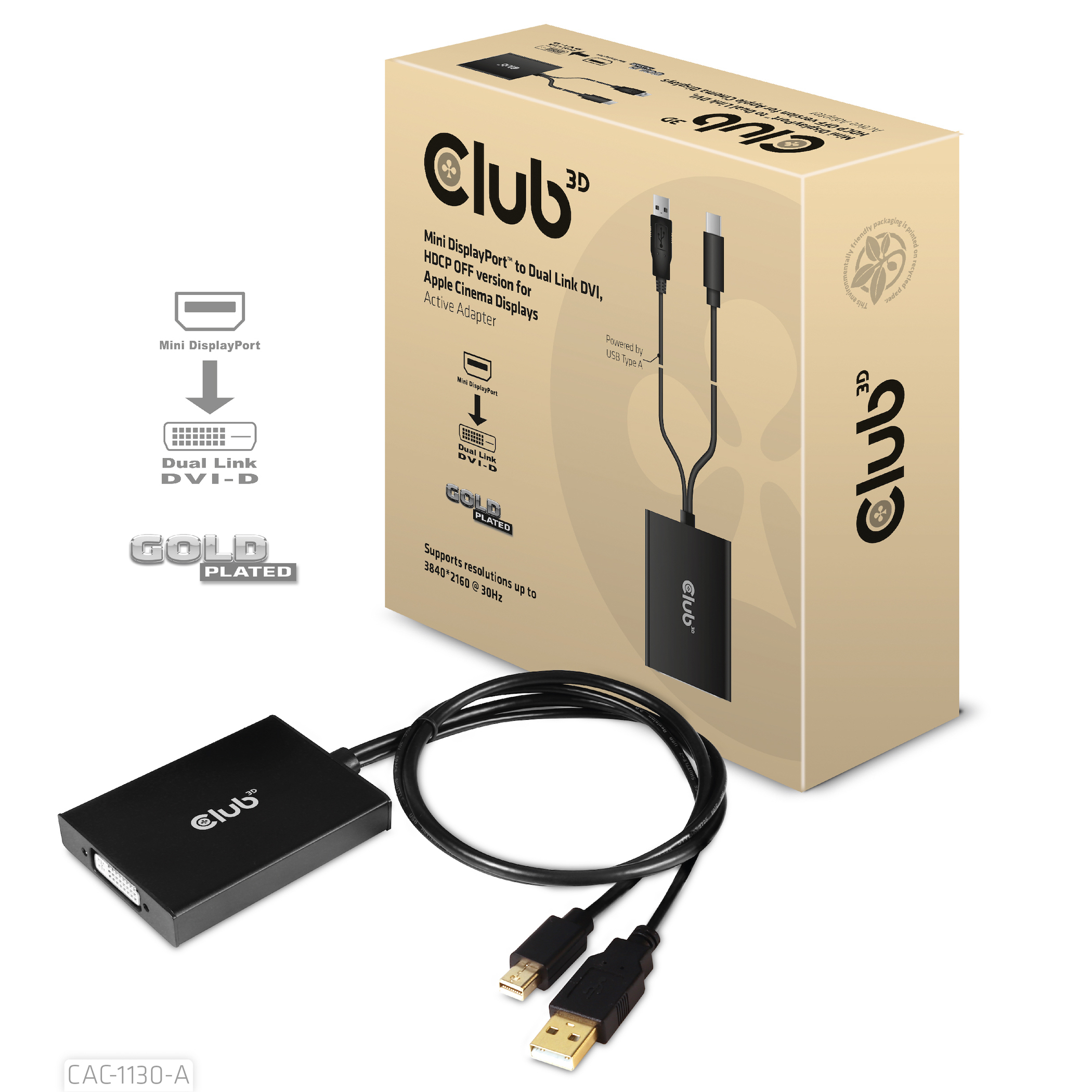 CLUB3D CAC-1130-A videokabel adapter 0,6 m DVI-D Mini DisplayPort + USB Type-A Sort