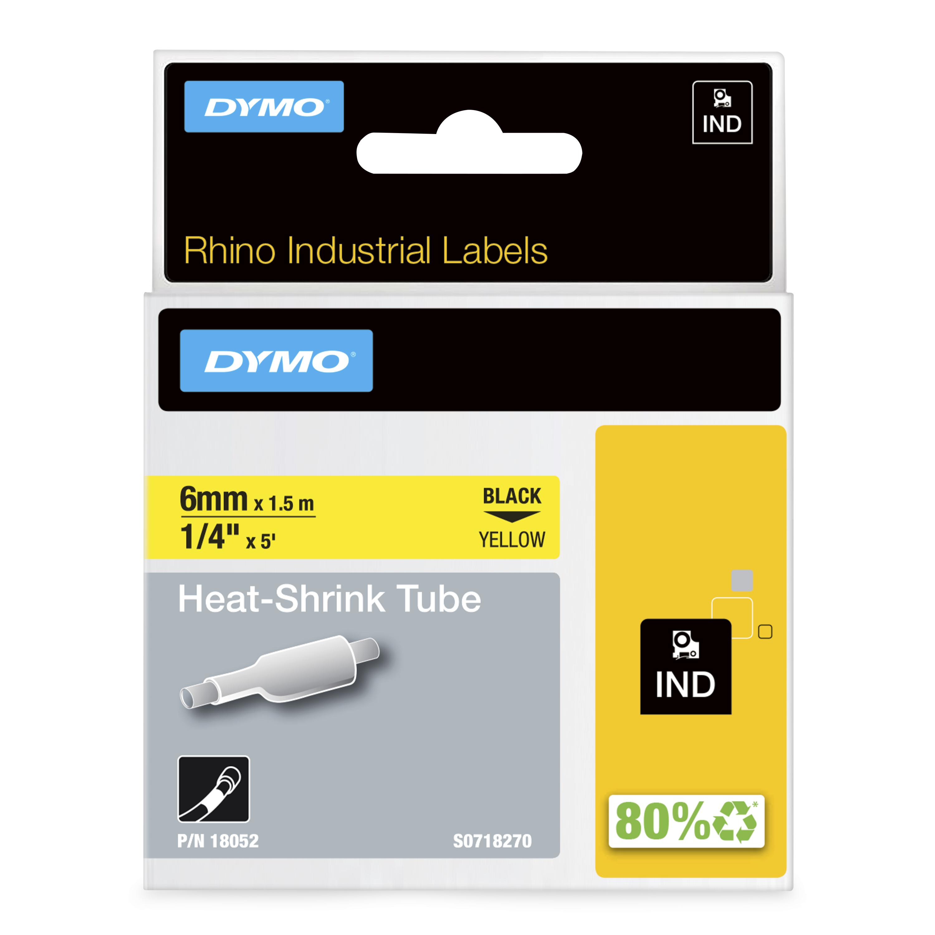 DYMO Rhino industrielle varmekrympbare kabelmærkningsrør | 6 mm x 1,5 m | Sort på gul | til Rhino-mærkningsmaskiner