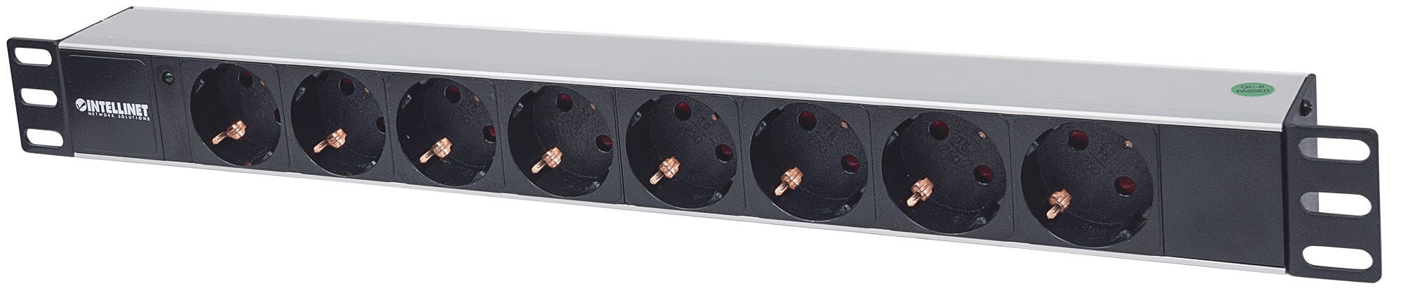 Intellinet 714037 strømforsyningsenhed (PDU) 8 AC stikkontakt(er) 1U Aluminium, Sort