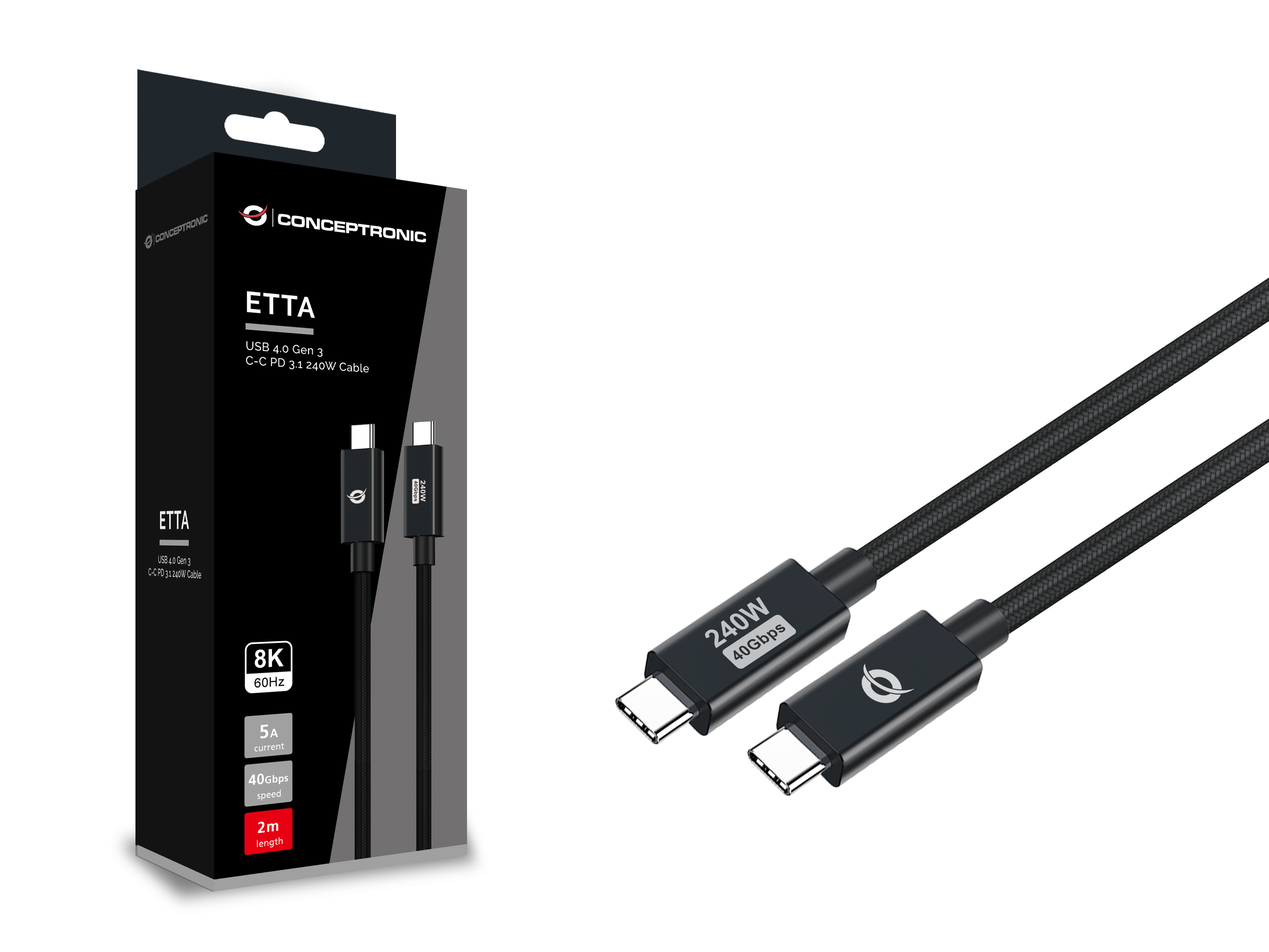 Conceptronic ETTA04B20 USB-kabel USB4 Gen 3x2 2 m USB C Sort
