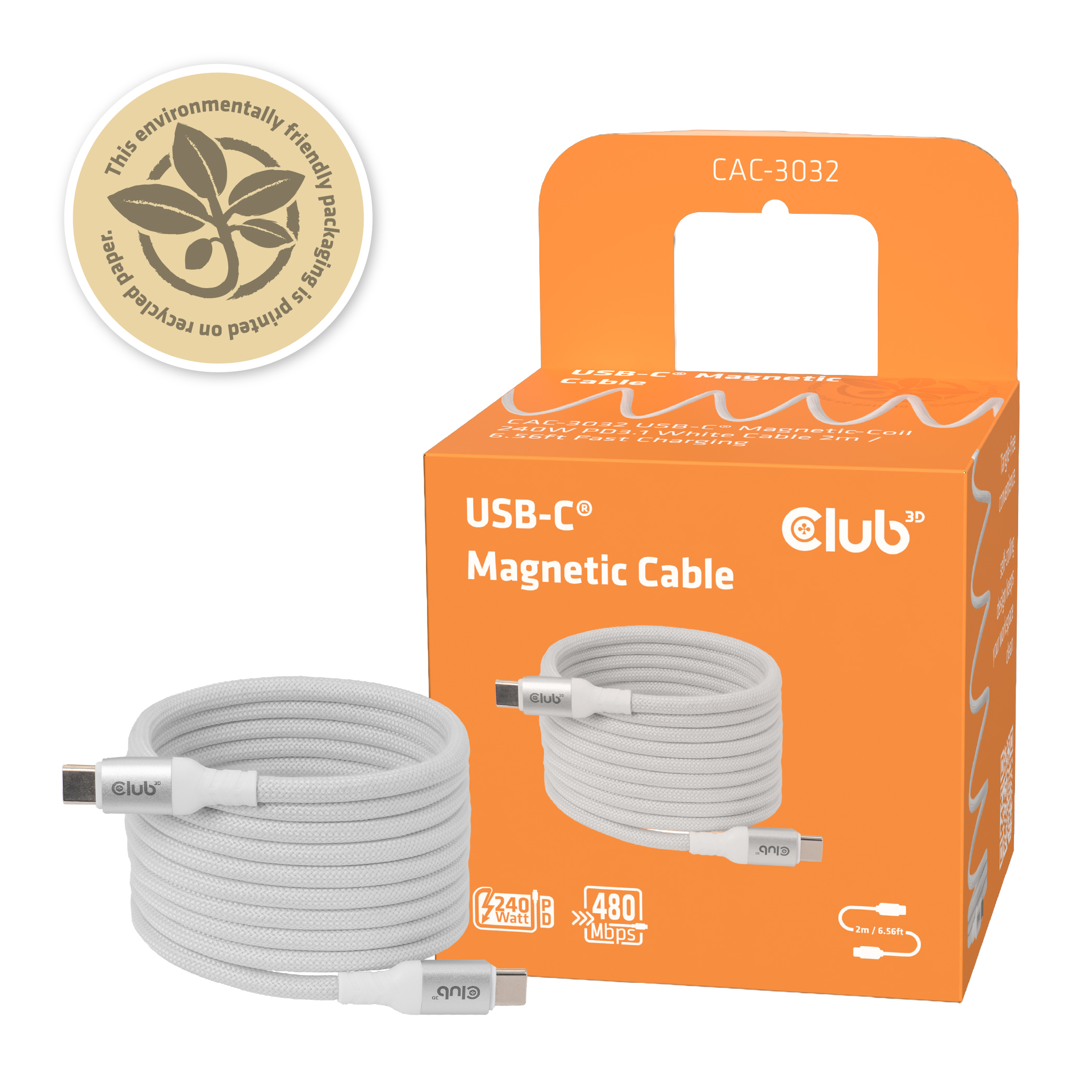 CLUB3D CLUB 3D USB-C Magnetic-Coil Cable White USB-kabel USB C