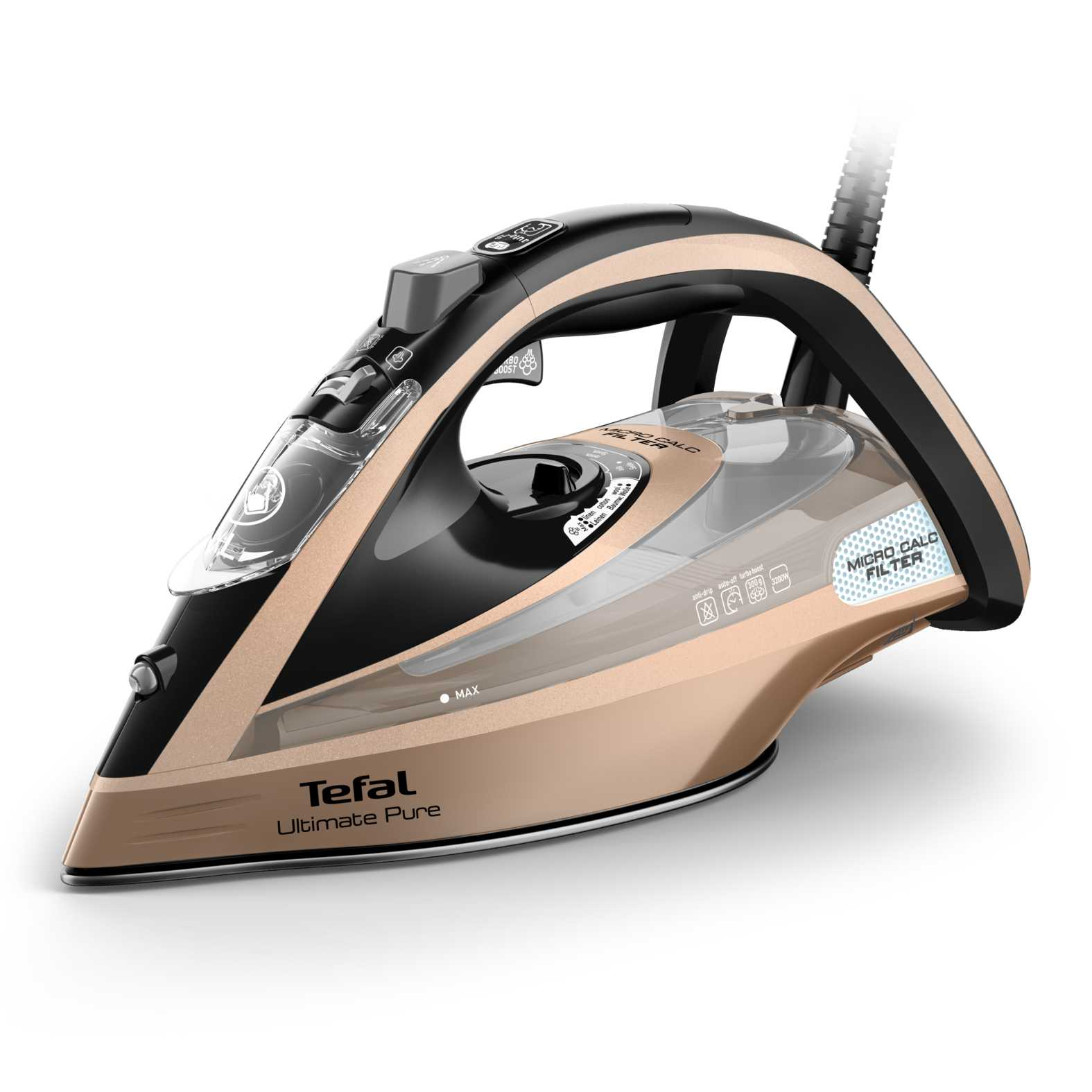 Tefal Ultimate Pure FV9852E0 strygejern Tør & dampstrygejern Durilium AirGlide Autoclean soleplate 3200 W Sort, Kobberfarve