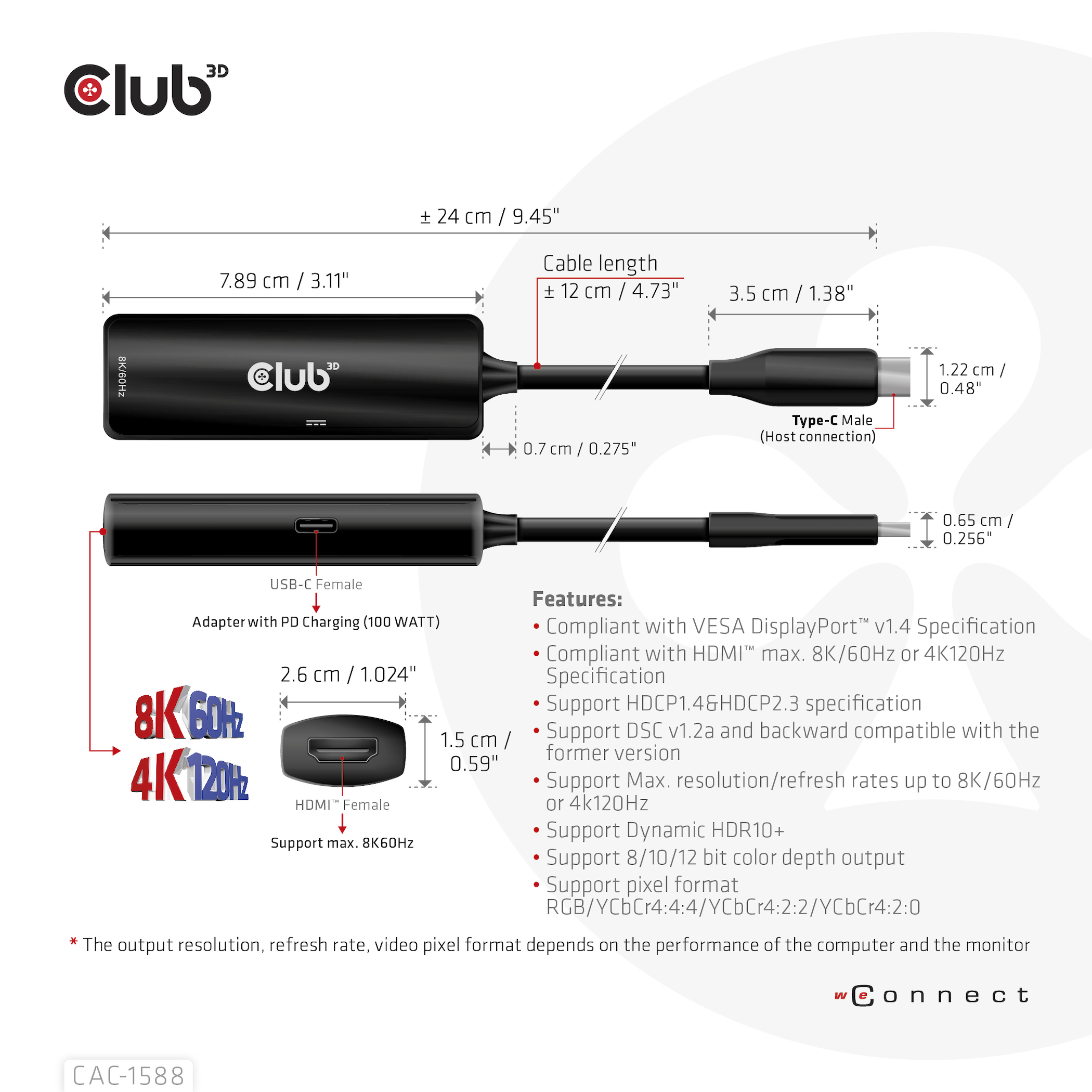 CLUB3D CAC-1588 videokabel adapter 0,17 m USB Type-C HDMI Sort