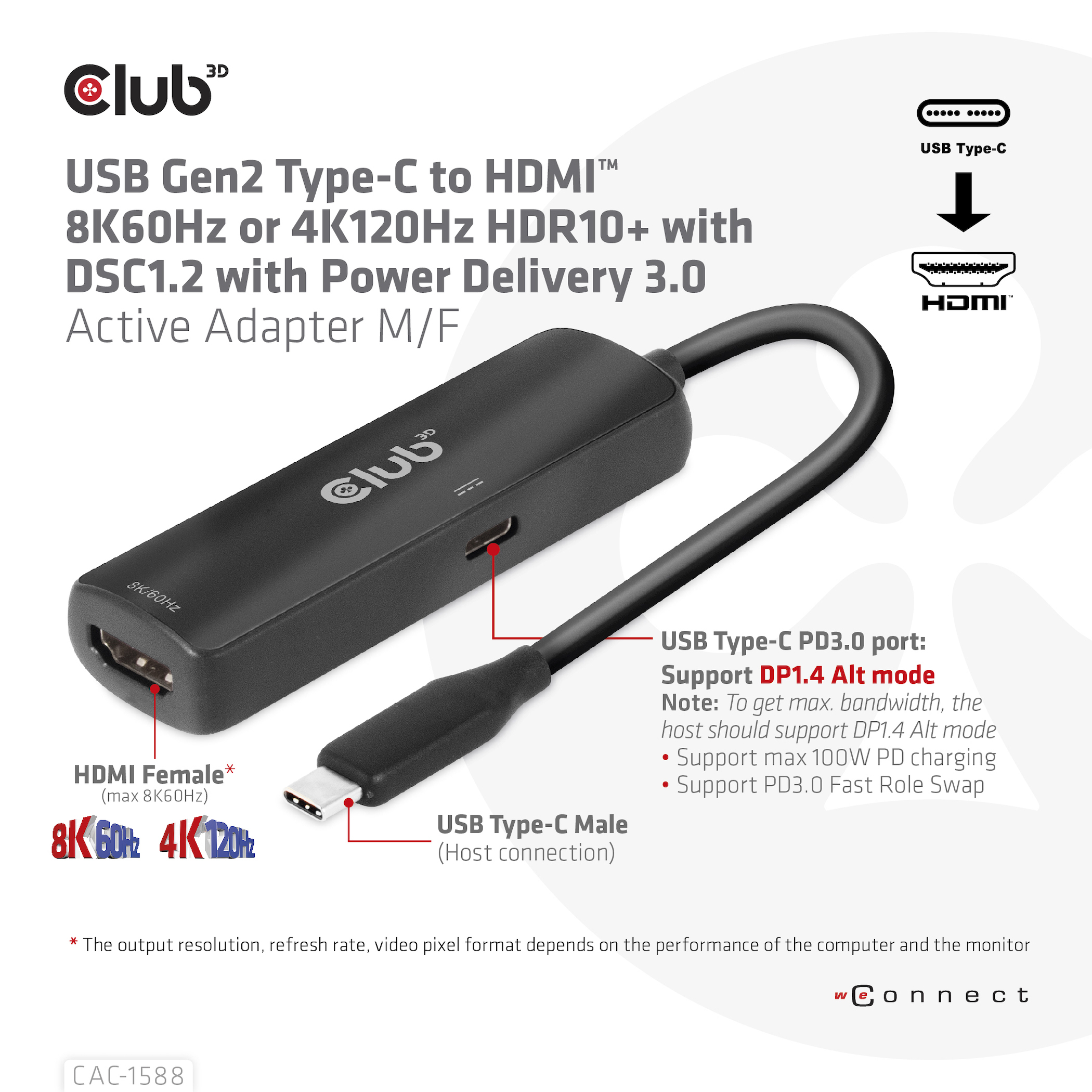 CLUB3D CAC-1588 videokabel adapter 0,17 m USB Type-C HDMI Sort