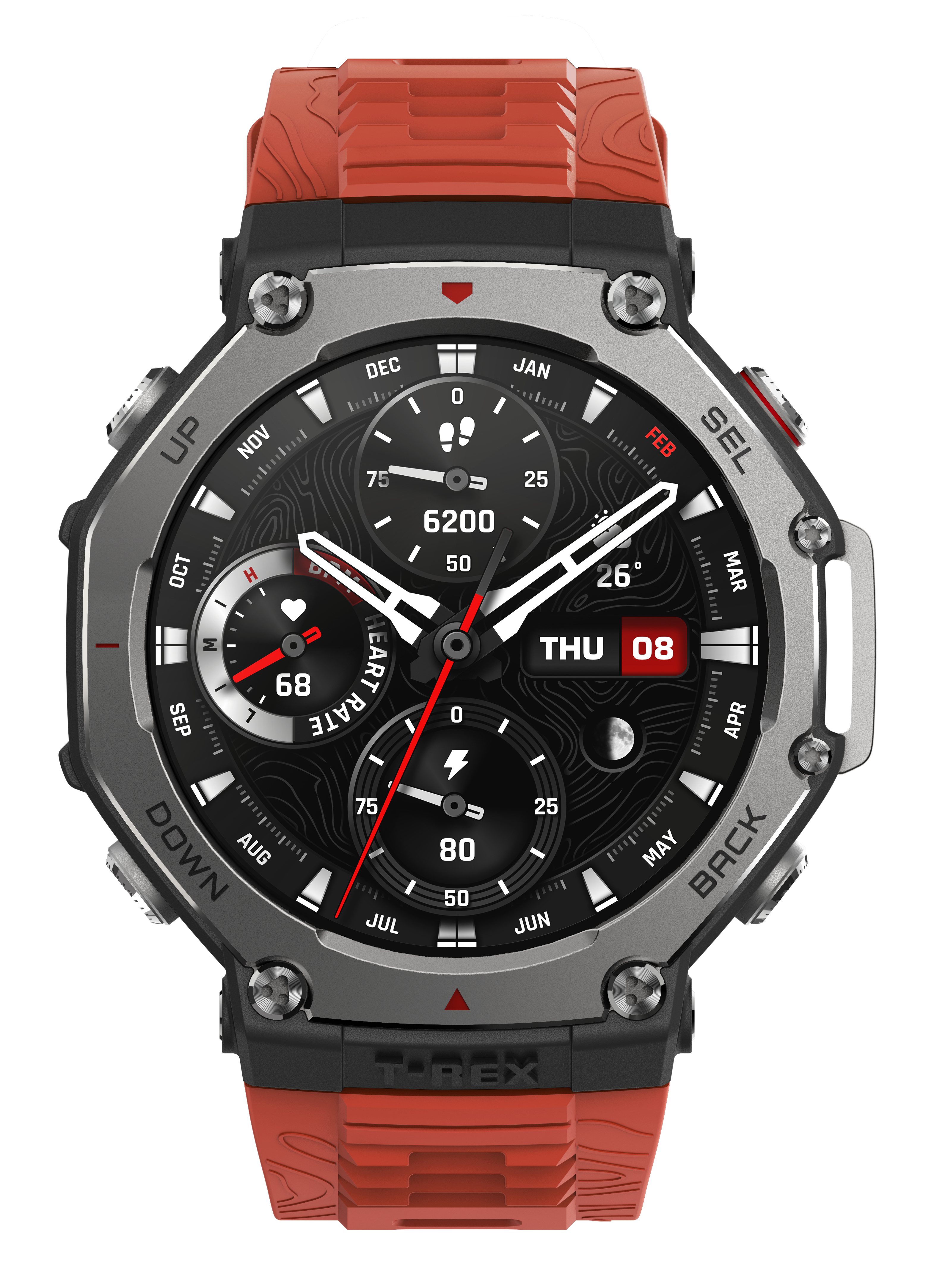 Amazfit T-Rex 3 Lava 3,81 cm (1.5") AMOLED Digital 480 x 480 pixel Berøringsskærm Sort, Rustfrit stål GPS (satellit)