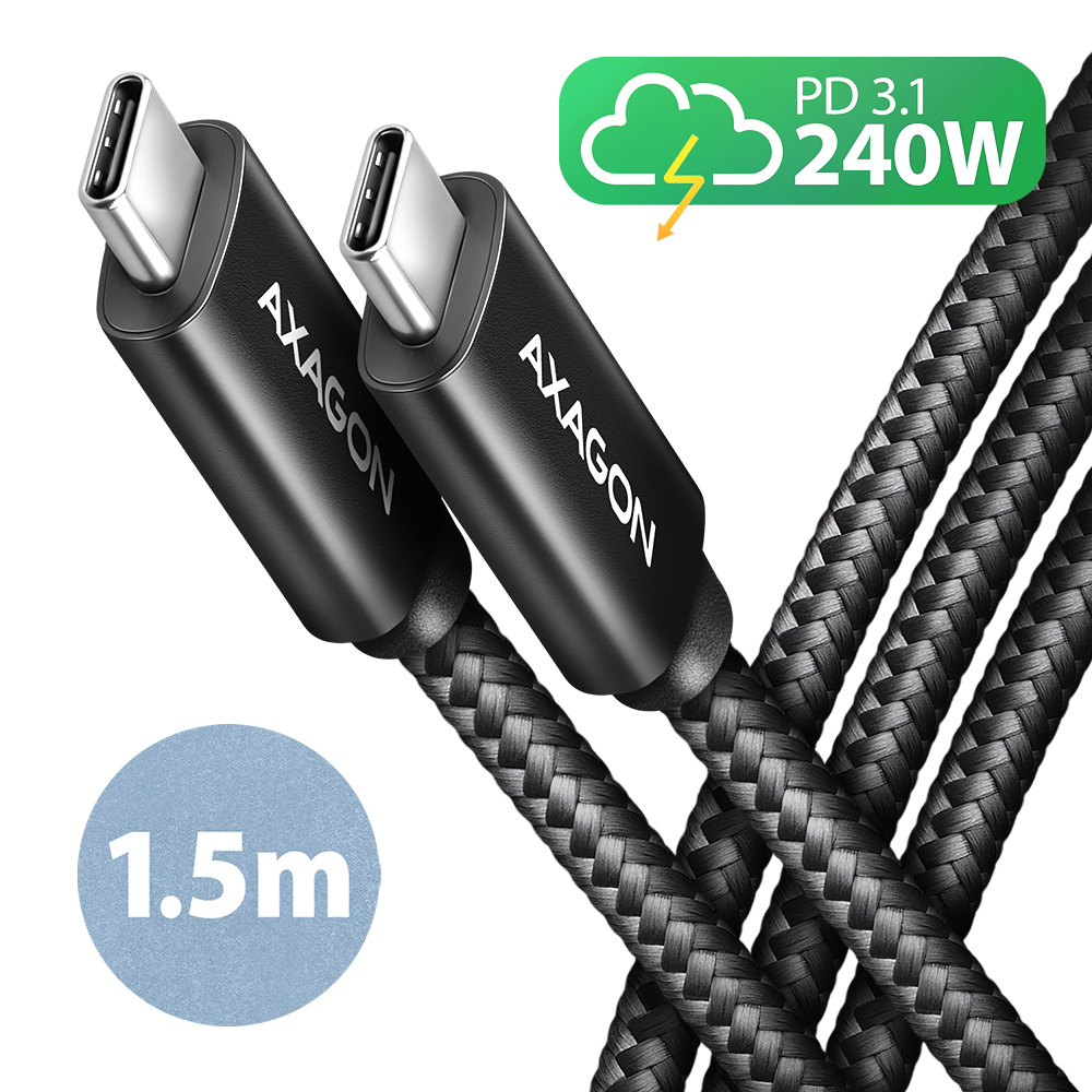 Axagon BUCM2-CM15AB Ladekabel USB-C zu USB-C 2.0, 1,5 m, PD 240 W 5 A, ALU - Schwarz - 1,5 Meter langes USB-C zu USB-C Kabel USB-kabel USB 2.0 USB C Sort