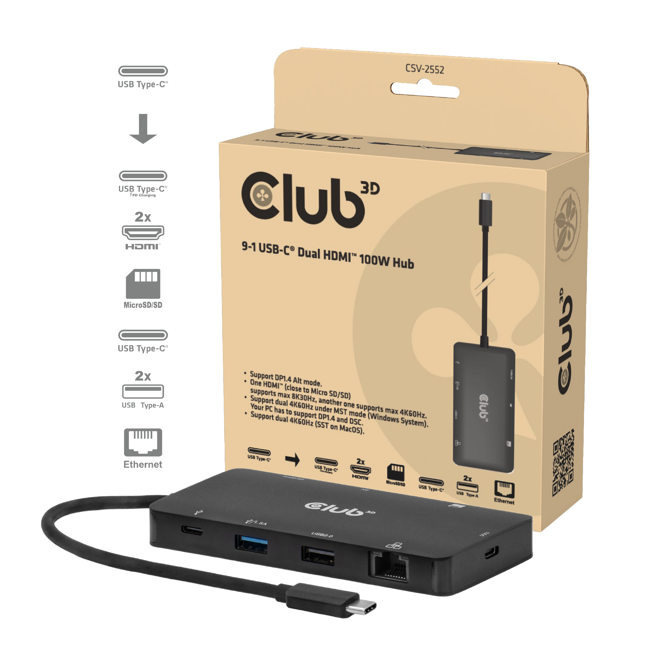 CLUB3D CSV-2552 interface hub USB Type-C 5000 Mbit/s Sort