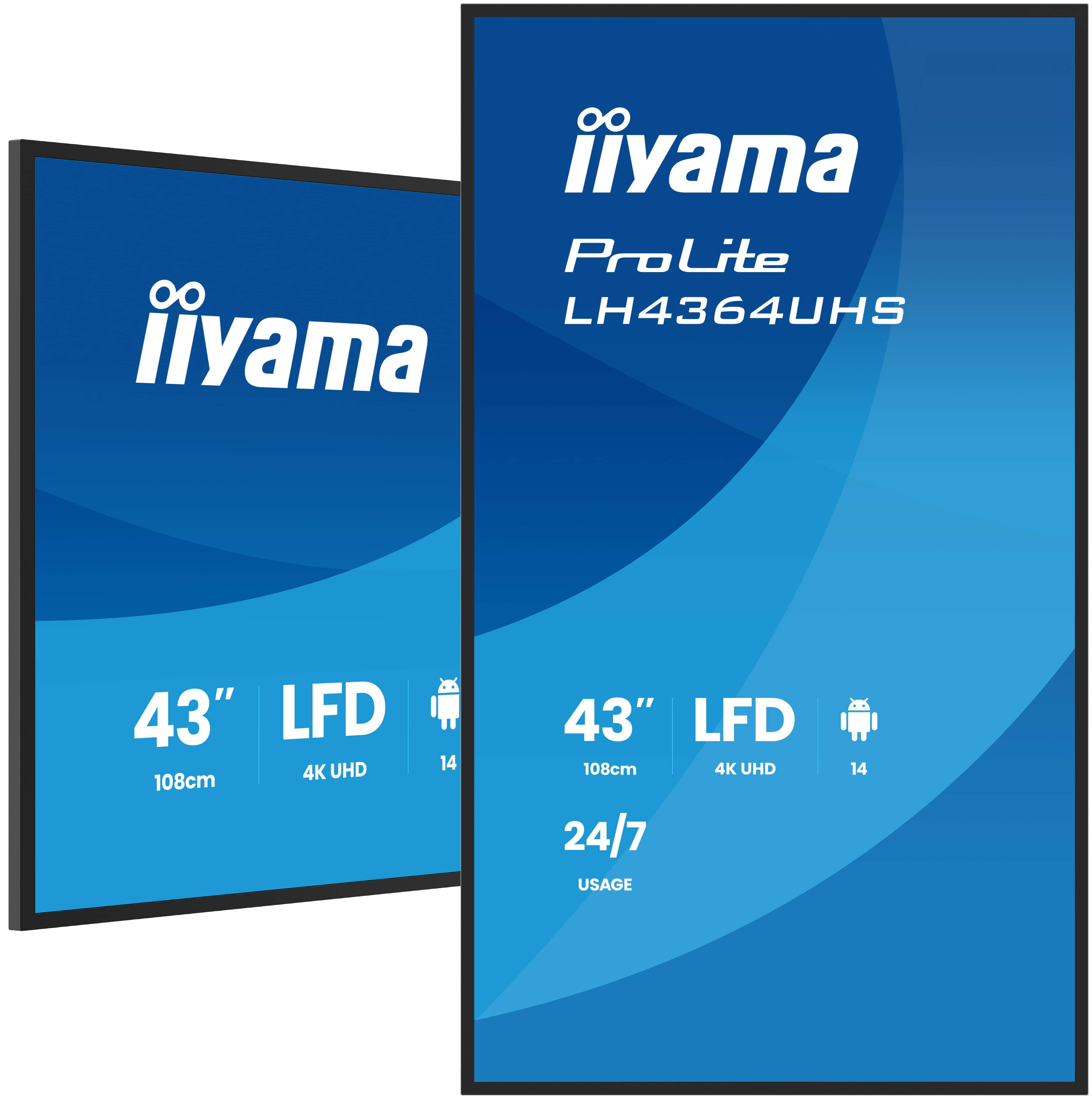iiyama LH4364UHS-B1AG skilte display Digital fladpaneldisplay 109,2 cm (43") LED Wi-Fi 500 cd/m² 4K Ultra HD Sort Indbygget processer Android 24/7