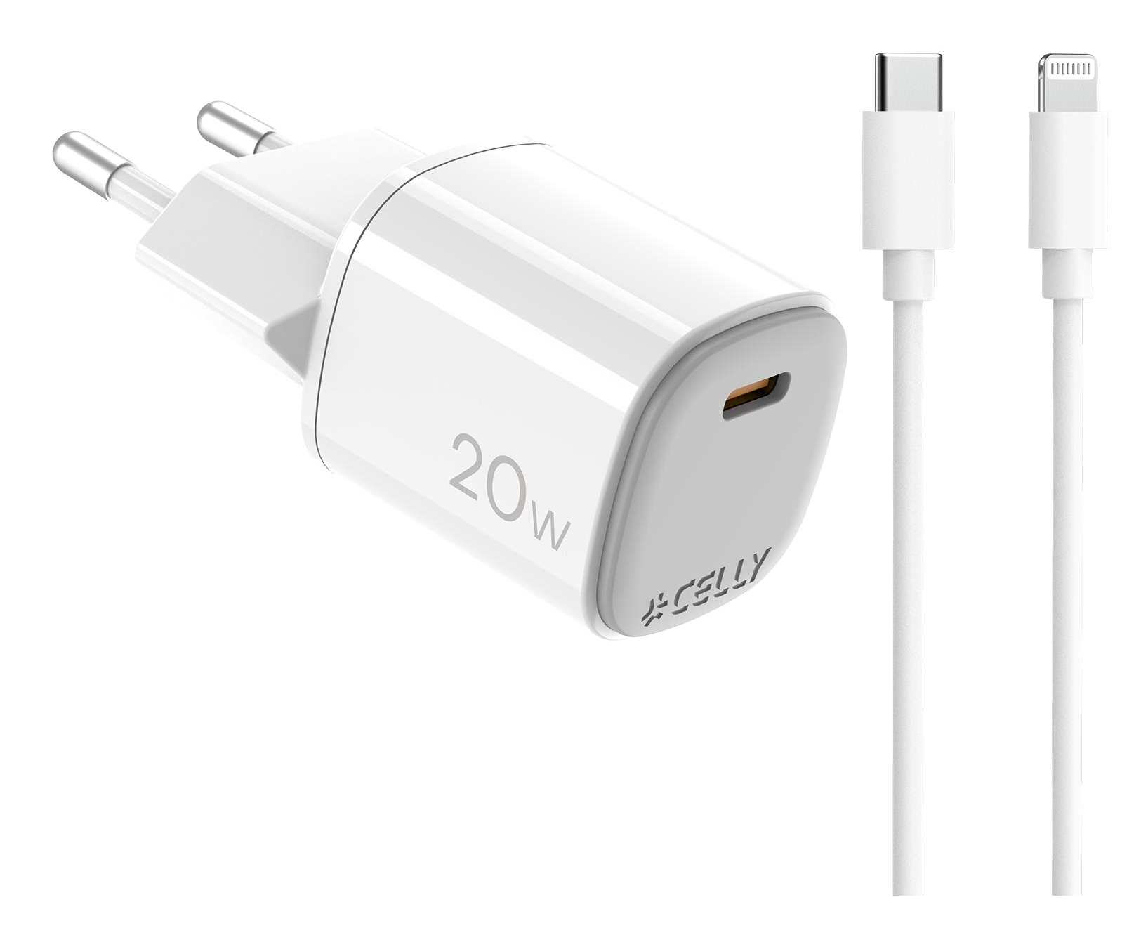 Celly UPTC1USBC20WCTL oplader til mobil enhed Digitalt kamera, Mikrofon, Smartphone, SmartWatch, Tablet, Telefon Hvid USB Indendørs