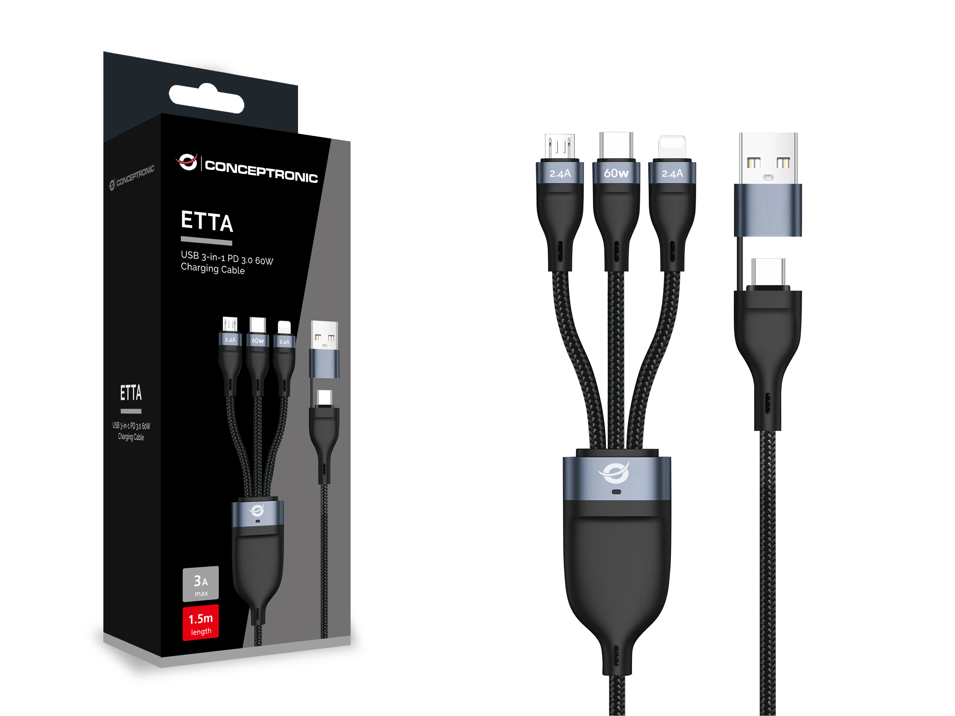 Conceptronic ETTA05B15 USB-kabel USB 2.0 1,5 m USB C USB C/Micro-USB B/Lightning Sort