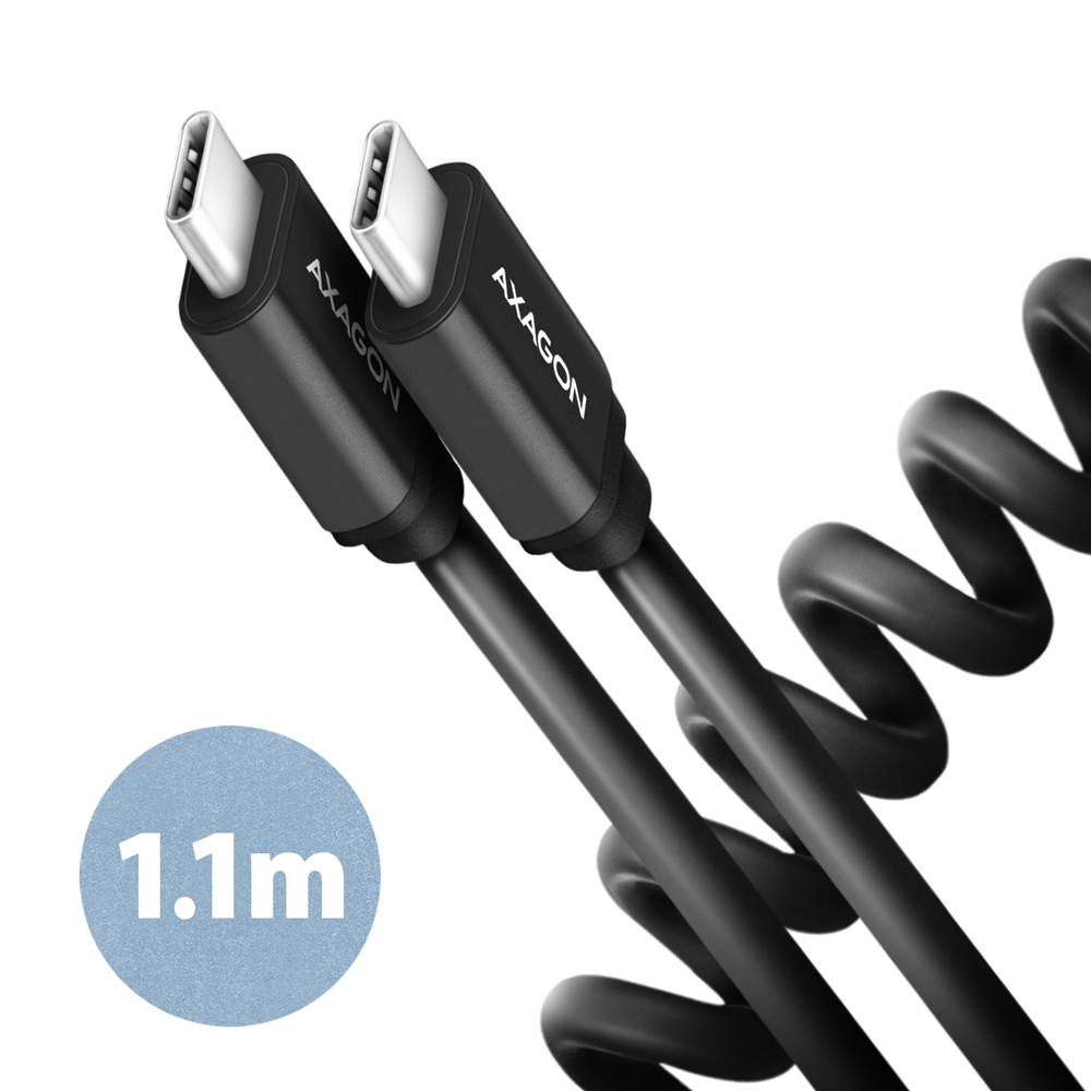 Axagon Data and charging USB 2.0 cable 1.1 m long. PD 60W, 3A. Black twisted. USB-kabel 1,1 m USB C Sort