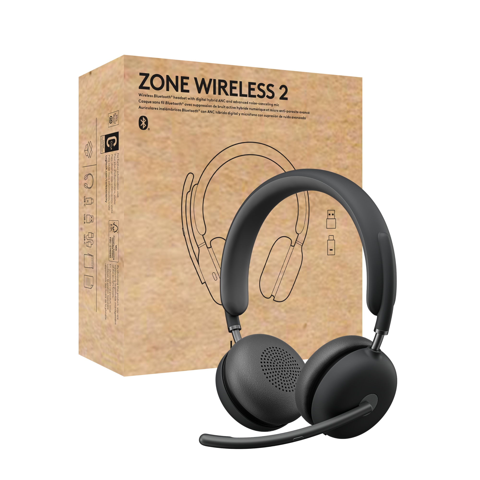 Logitech Zone Wireless 2 Headset Kabel & trådløs Kontor/Callcenter USB Type-C Bluetooth Grafit