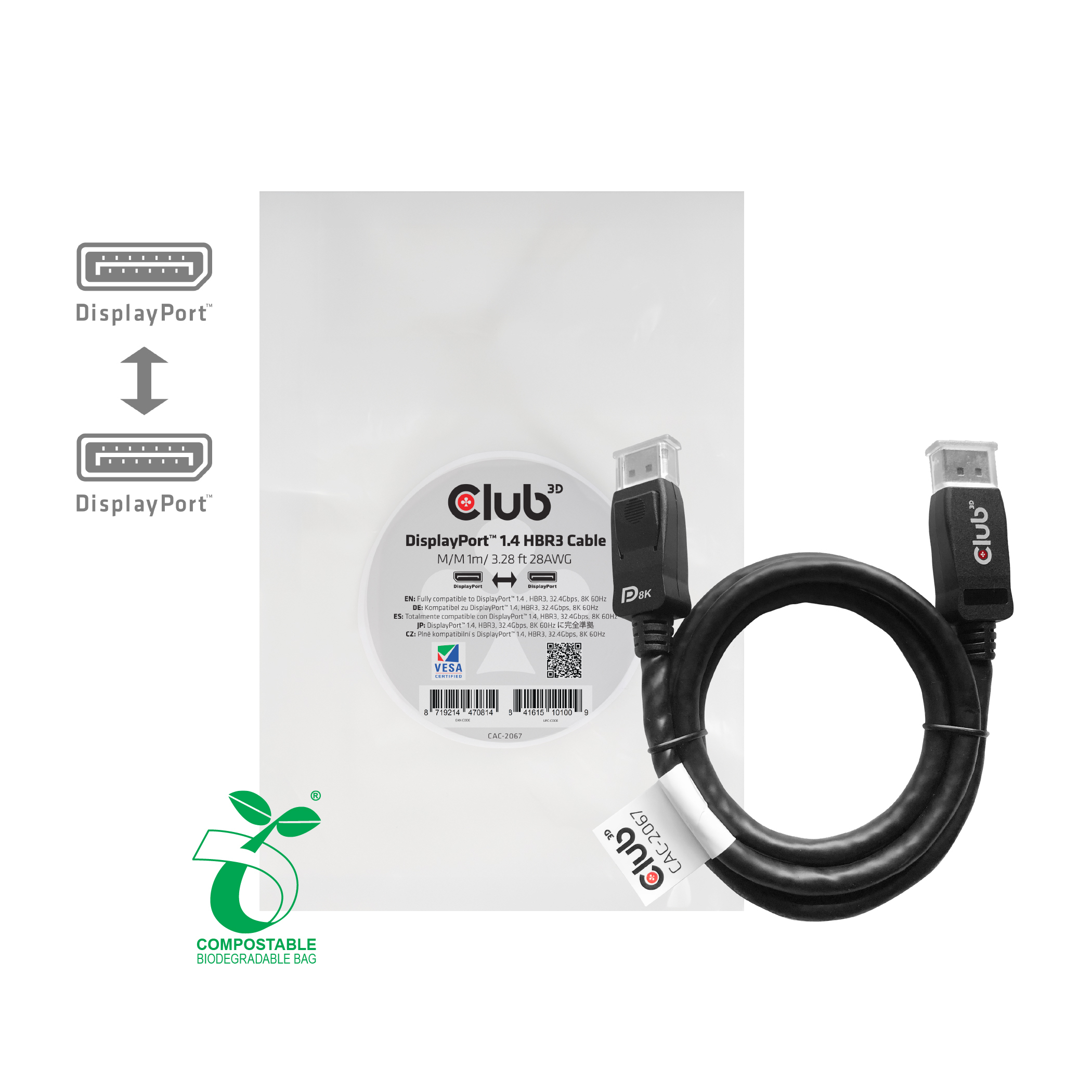 CLUB3D DisplayPort 1.4 HBR3 Cable 1m/3.28ft Male/Male 8K60Hz