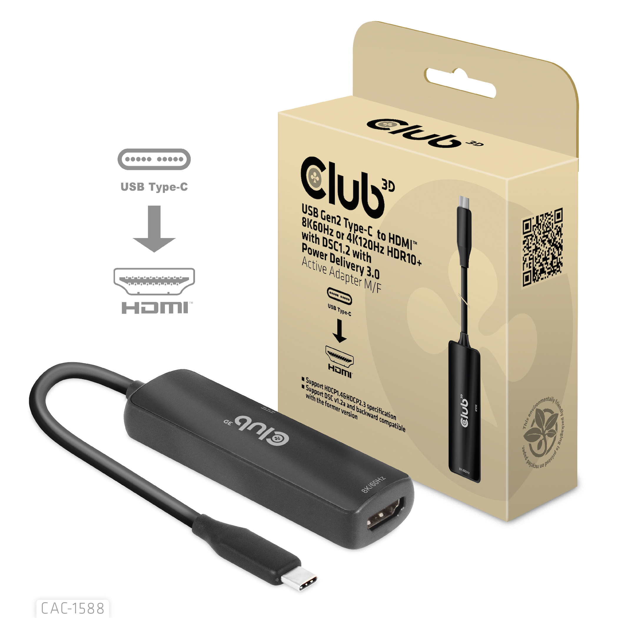 CLUB3D CAC-1588 videokabel adapter 0,17 m USB Type-C HDMI Sort