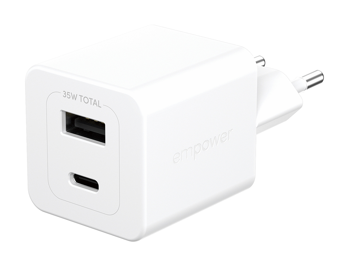 PanzerGlass empower by ® Turbo 35W Oplader inkl. USB-C + USB-A | EU Stik | Silver White