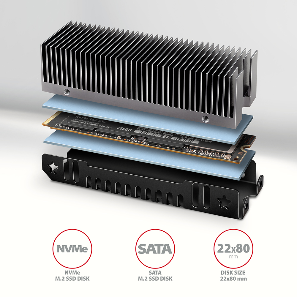 Axagon CLR-M2XT M.2 SSD Passivkühler Aluminium - 2280 M.2 NVMe SSD, Solid-state drev Køleplade/køler Sort, Grå 1 stk