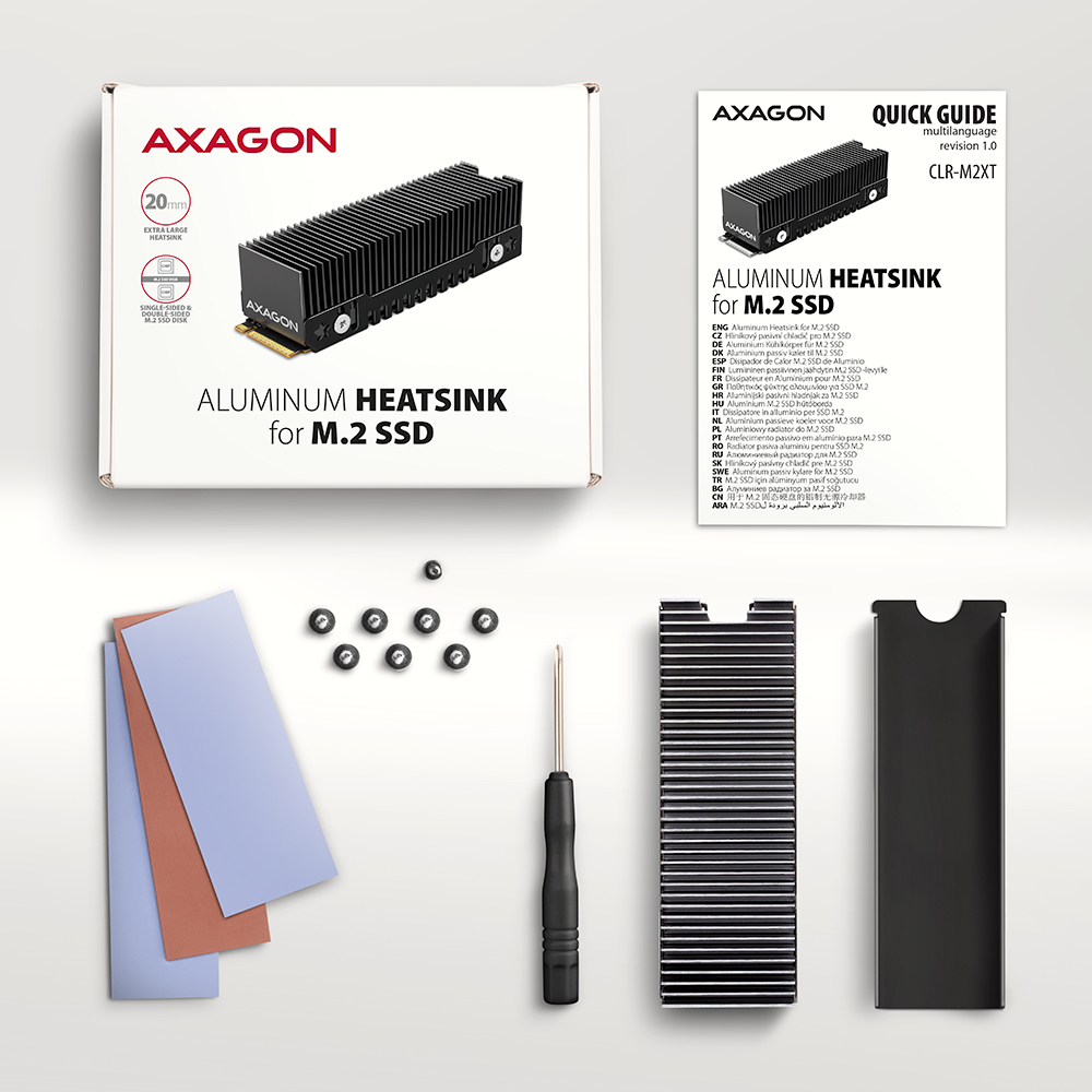 Axagon CLR-M2XT M.2 SSD Passivkühler Aluminium - 2280 M.2 NVMe SSD, Solid-state drev Køleplade/køler Sort, Grå 1 stk