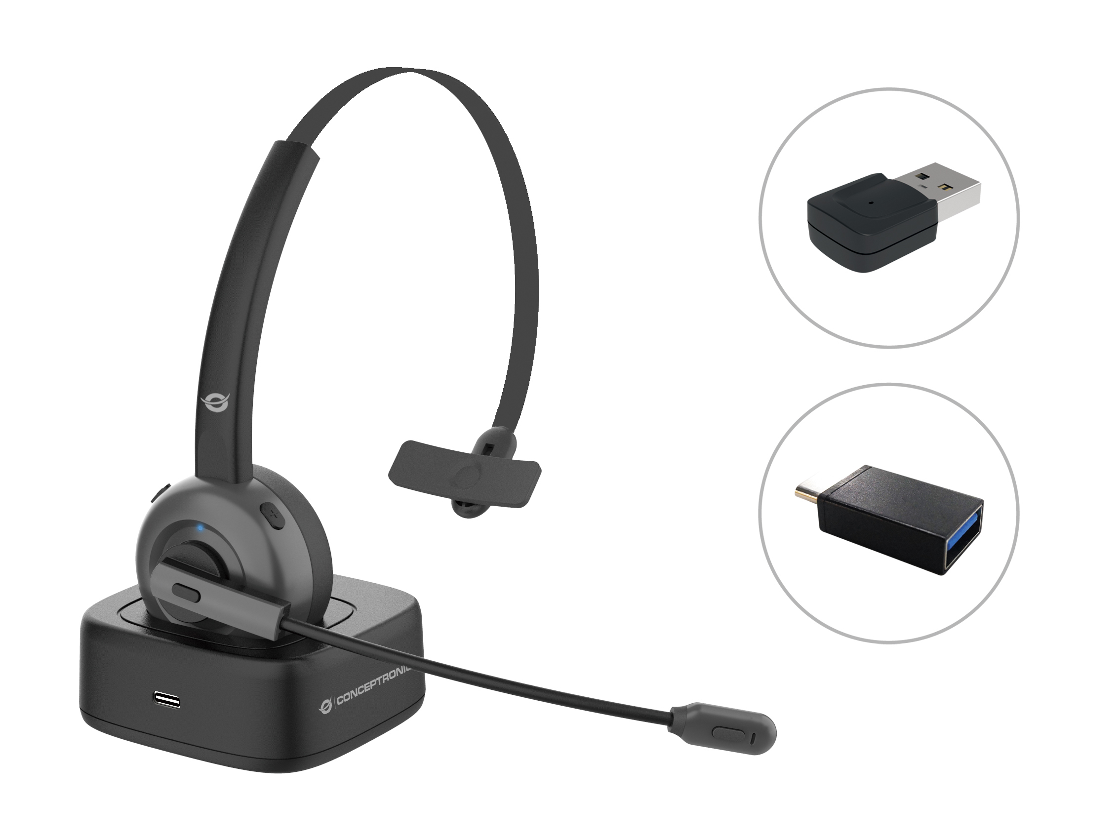 Conceptronic POLONA03BDA hovedtelefoner/headset Trådløs Kontor/Callcenter Bluetooth Opladningsstativ Sort