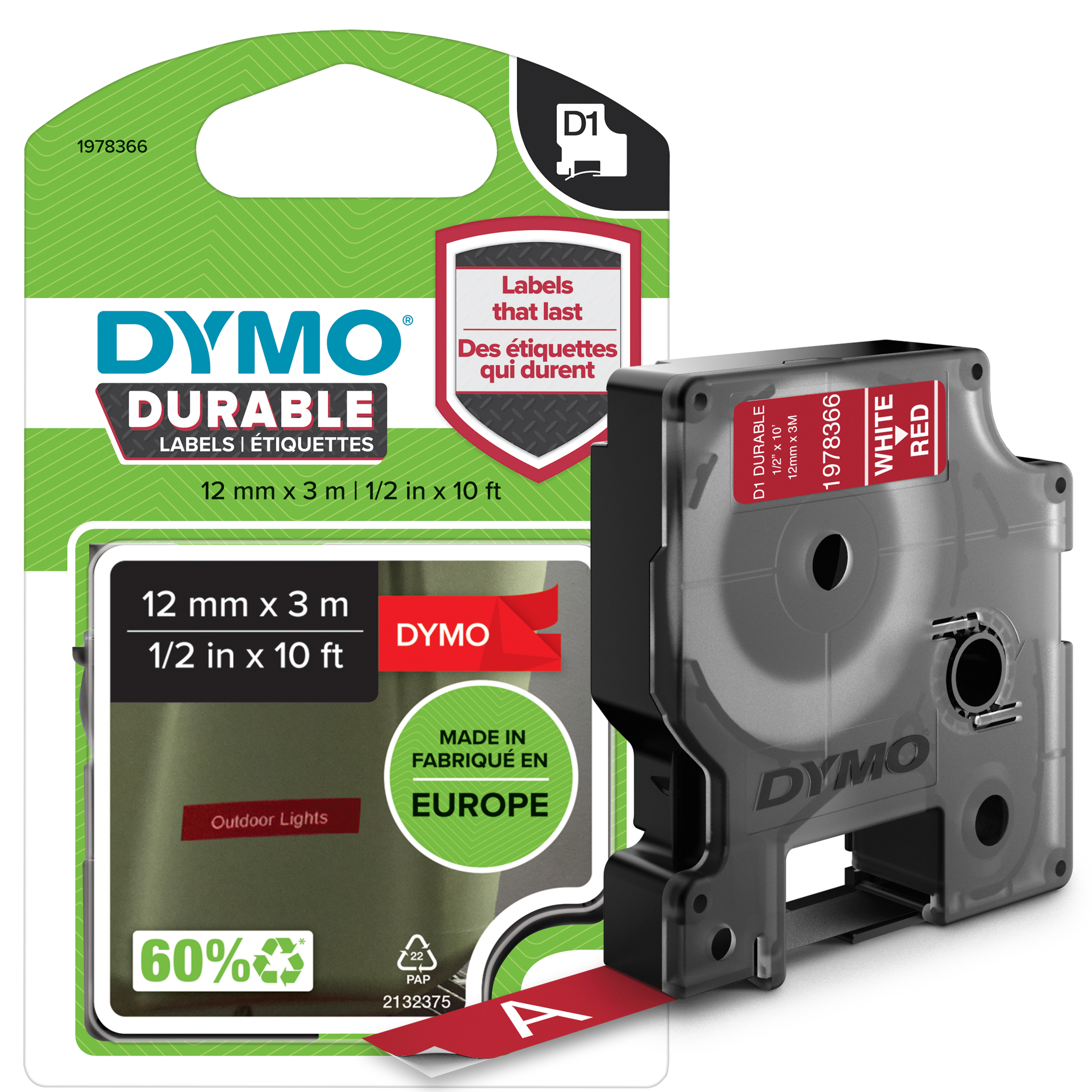 DYMO Ægte D1 Holdbare Etiketter | Sort tekst på rød tape | 12 mm x 3 m | Etikettape til LabelManager mærkemaskiner