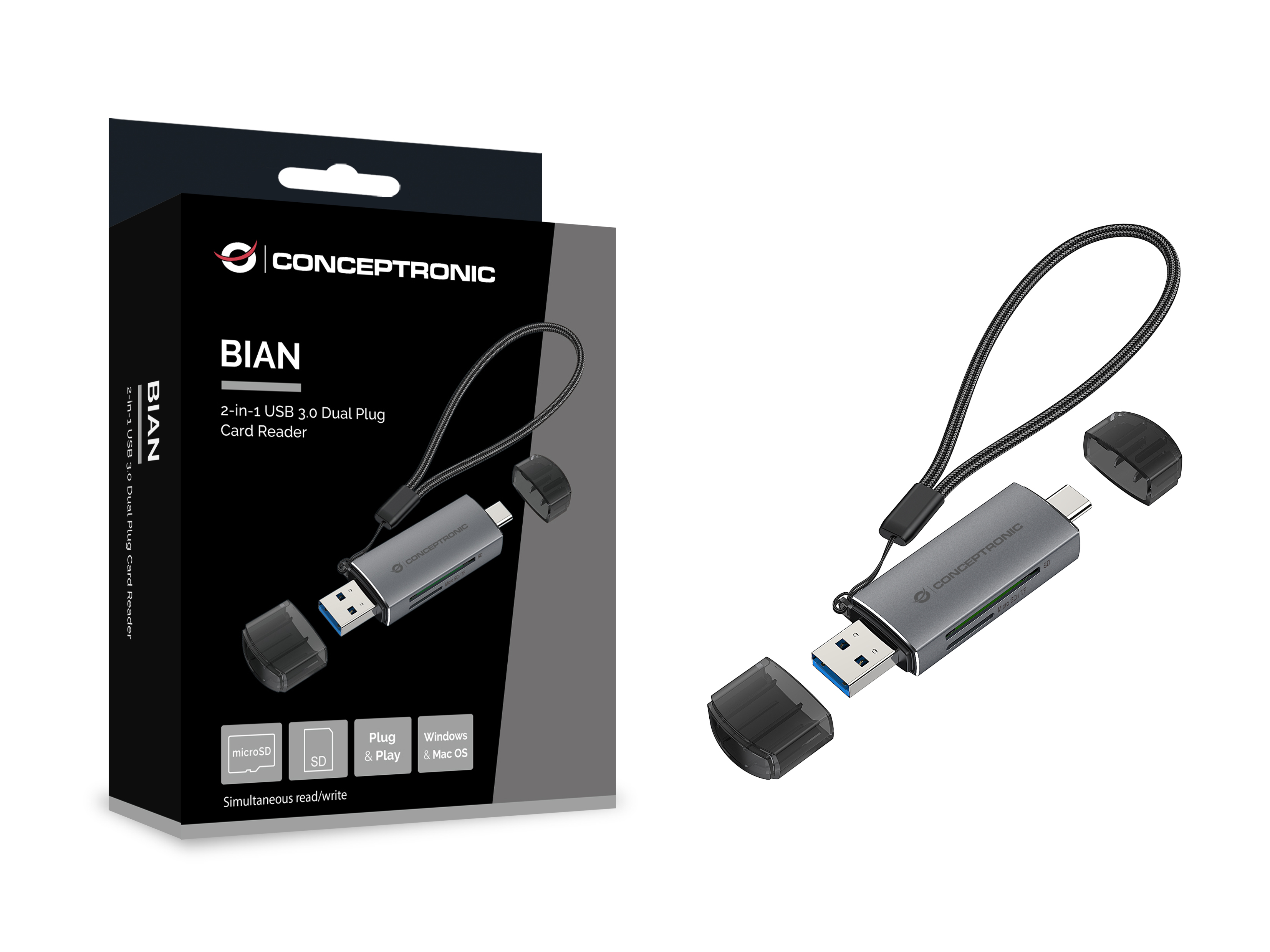 Conceptronic BIAN05G kortlæser USB 3.2 Gen 1 (3.1 Gen 1) Type-A/Type-C Grå