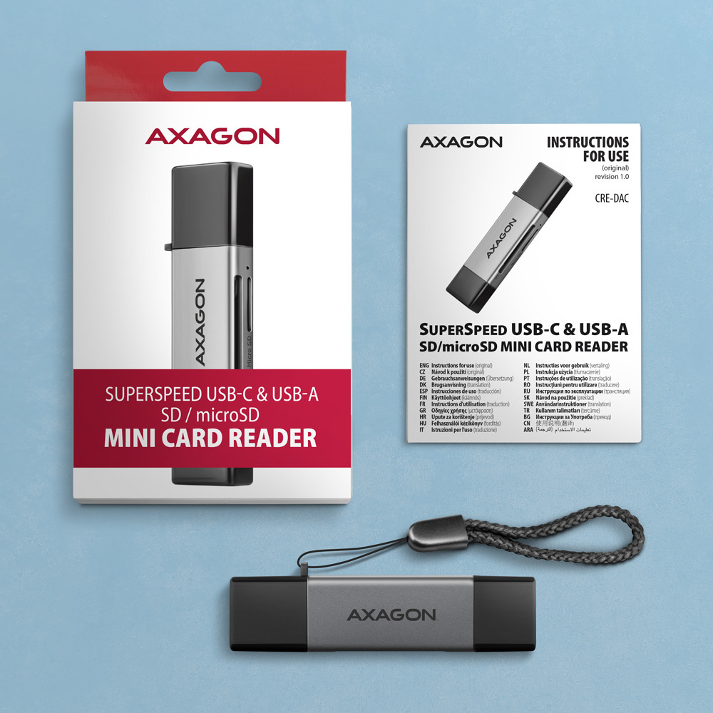 Axagon CRE-DAC USB-C+ USB-A 5 Gbps MINI card reader 2-slot & lun SD/microSD kortlæser USB 3.0 Type-A/Type-C Grå
