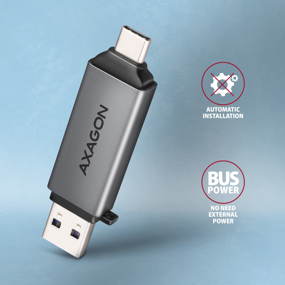 Axagon CRE-DAC USB-C+ USB-A 5 Gbps MINI card reader 2-slot & lun SD/microSD kortlæser USB 3.0 Type-A/Type-C Grå