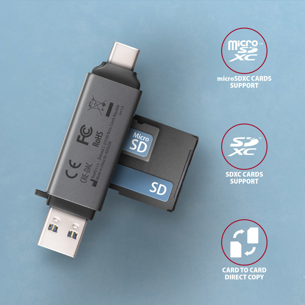 Axagon CRE-DAC USB-C+ USB-A 5 Gbps MINI card reader 2-slot & lun SD/microSD kortlæser USB 3.0 Type-A/Type-C Grå