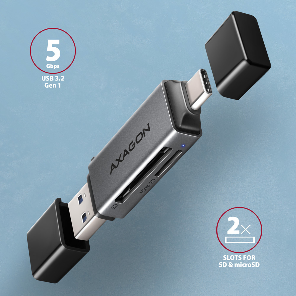 Axagon CRE-DAC USB-C+ USB-A 5 Gbps MINI card reader 2-slot & lun SD/microSD kortlæser USB 3.0 Type-A/Type-C Grå
