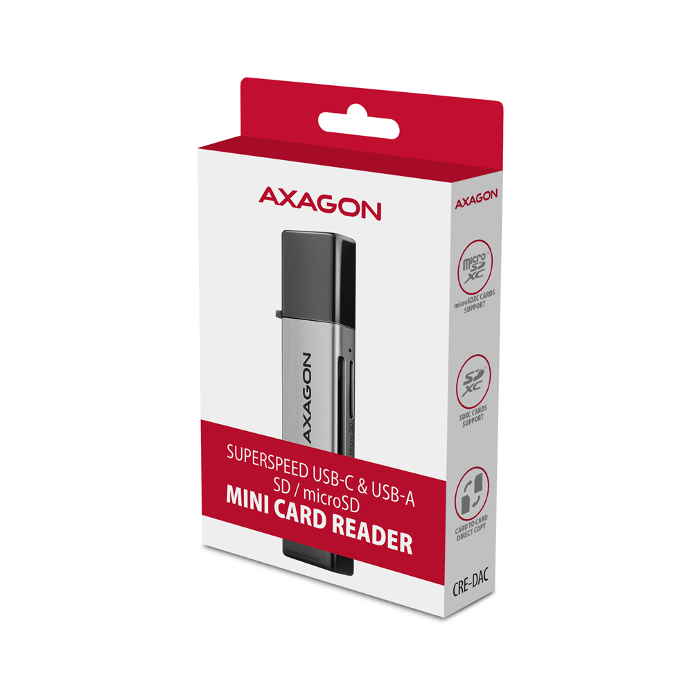 Axagon CRE-DAC USB-C+ USB-A 5 Gbps MINI card reader 2-slot & lun SD/microSD kortlæser USB 3.0 Type-A/Type-C Grå