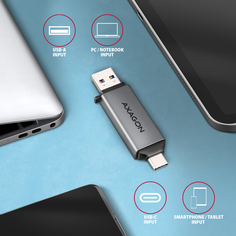 Axagon CRE-DAC USB-C+ USB-A 5 Gbps MINI card reader 2-slot & lun SD/microSD kortlæser USB 3.0 Type-A/Type-C Grå