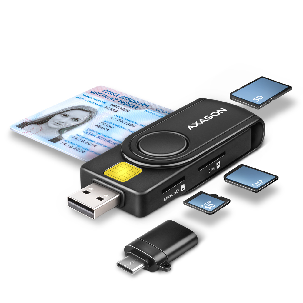 Axagon CRE-SMP2A USB Smart card & SD/microSD/SIM PocketReader smartcard læser Indendørs USB Type-A/USB Type-C Sort