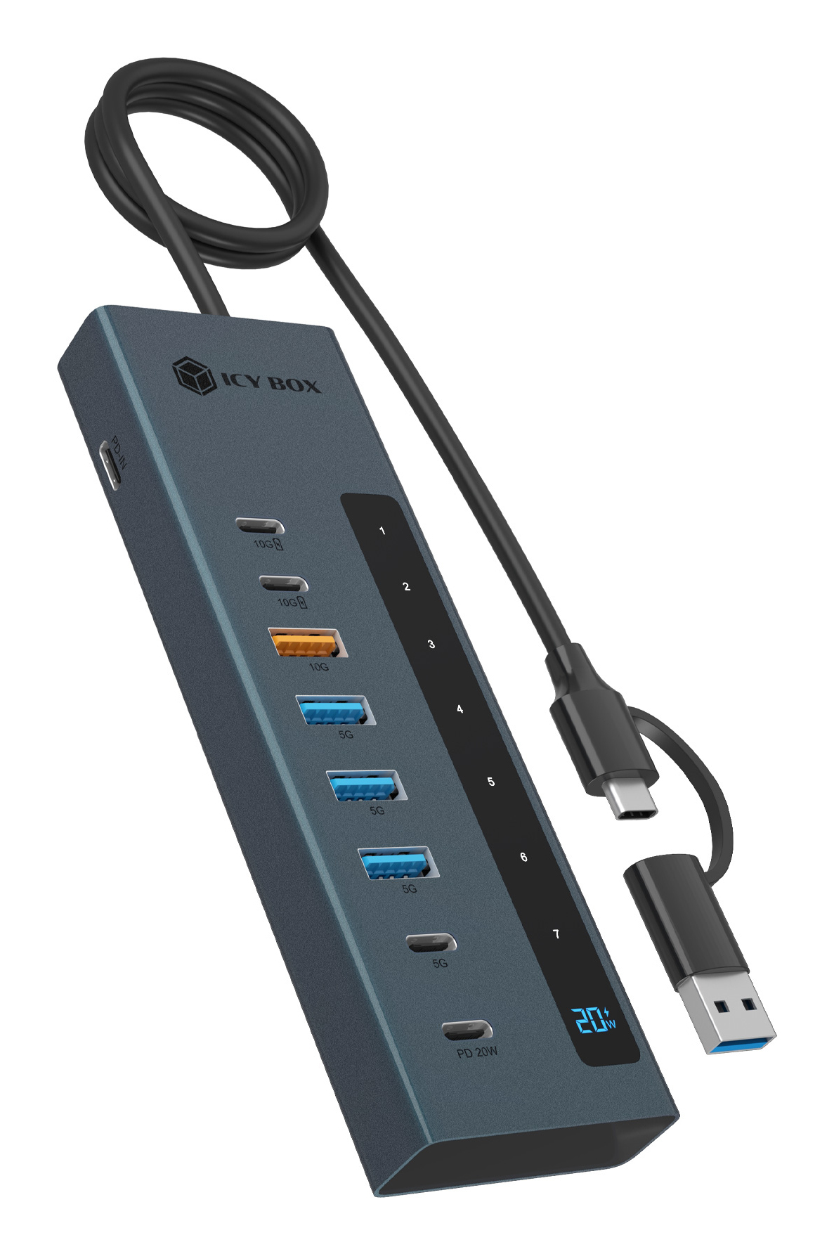 ICY BOX IB-HUB1743-CPD USB 3.2 Gen 2 (3.1 Gen 2) Type-A + Type-C 10000 Mbit/s Blå