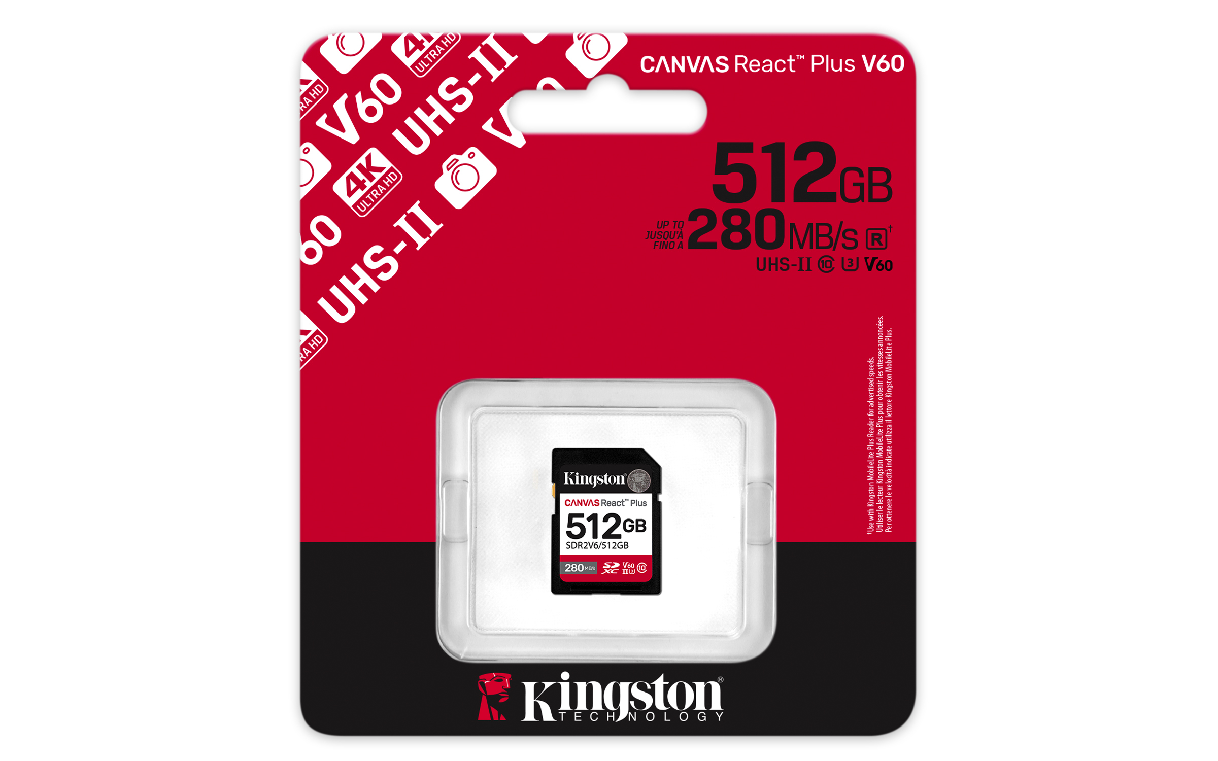 Kingston Technology 512 GB Canvas React Plus SDXC UHS-II 280R/150W U3 V60 til fuld HD/4K