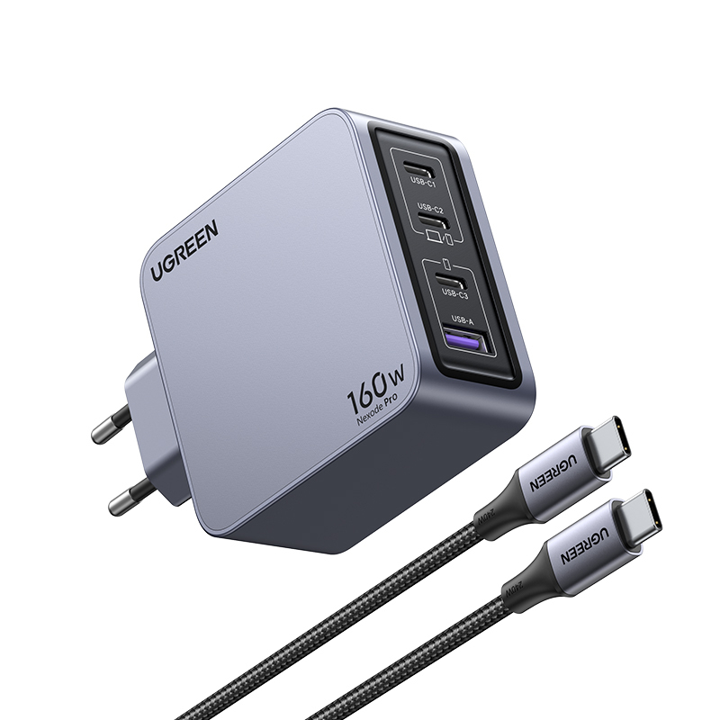 Ugreen Nexode Pro 160W GaN Charger with USB-C Cable Universel Sort, Grå Vekselstrøm Hurtig opladning Indendørs