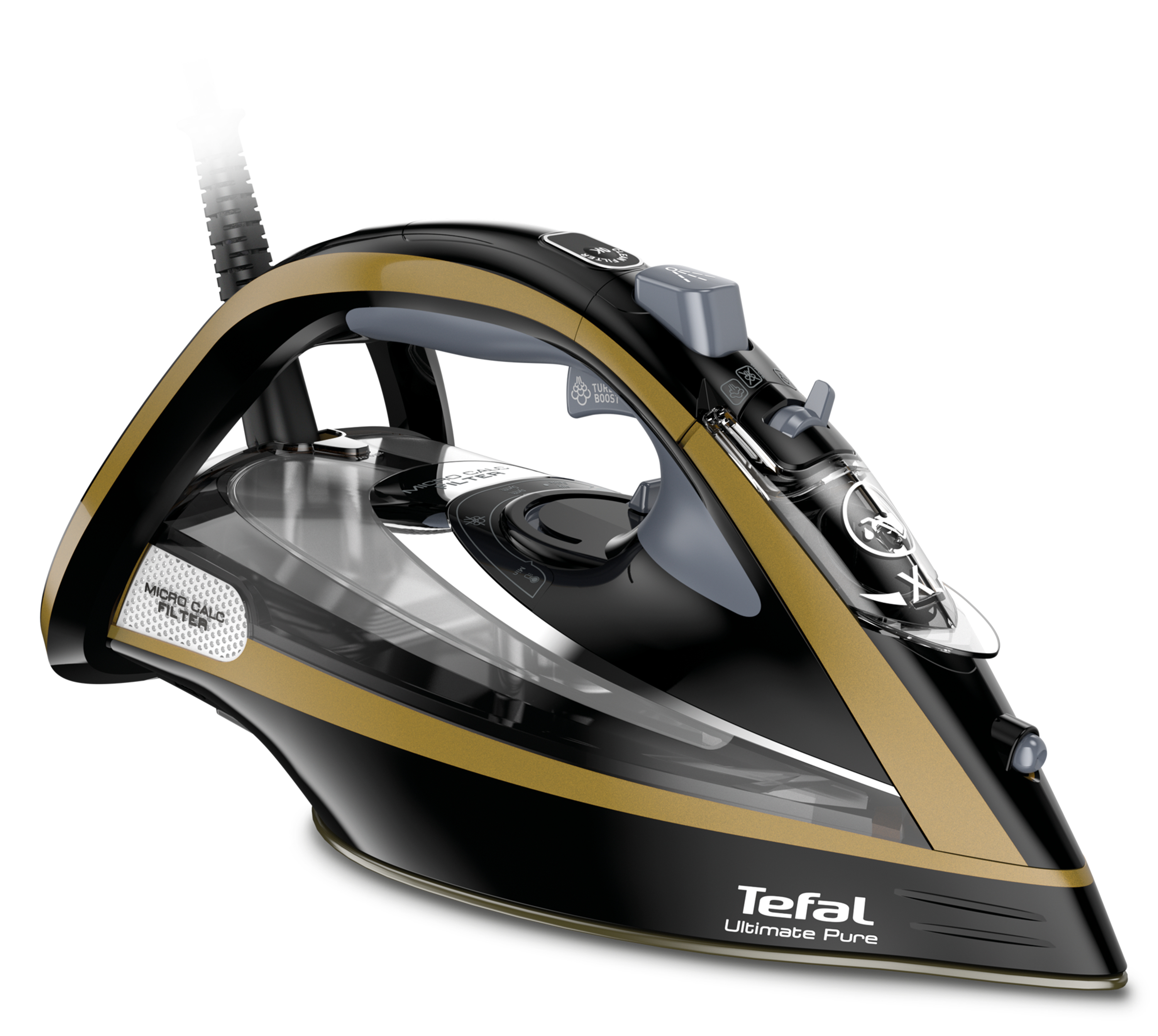 Tefal Ultimate Pure FV9847E0 strygejern Tør & dampstrygejern Durilium Airglide-sålplade 3200 W Sort, Guld